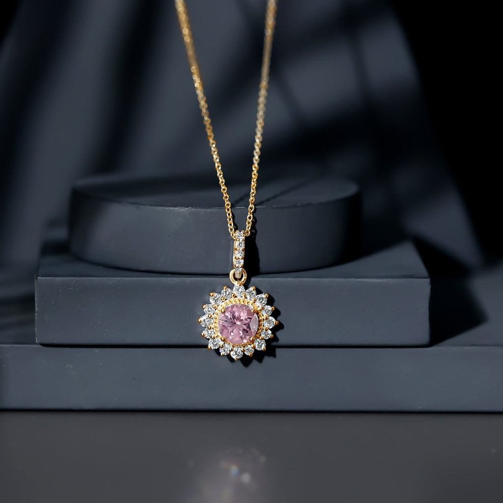 Pink Tourmaline Pendant – Round Pink Tourmaline With Diamond Halo Necklace, AAA Quality