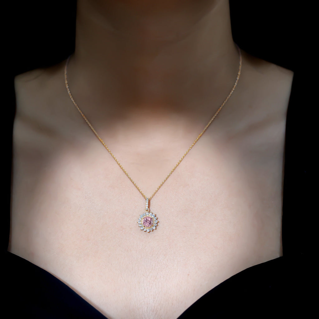 Pink Tourmaline Pendant – Round Pink Tourmaline With Diamond Halo Necklace, AAA Quality