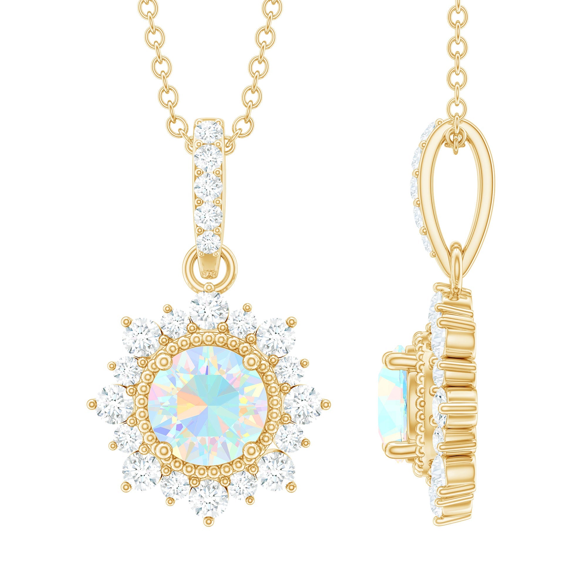 Natural 0.8 Ethiopian Opal Flower Necklace with Diamond Halo