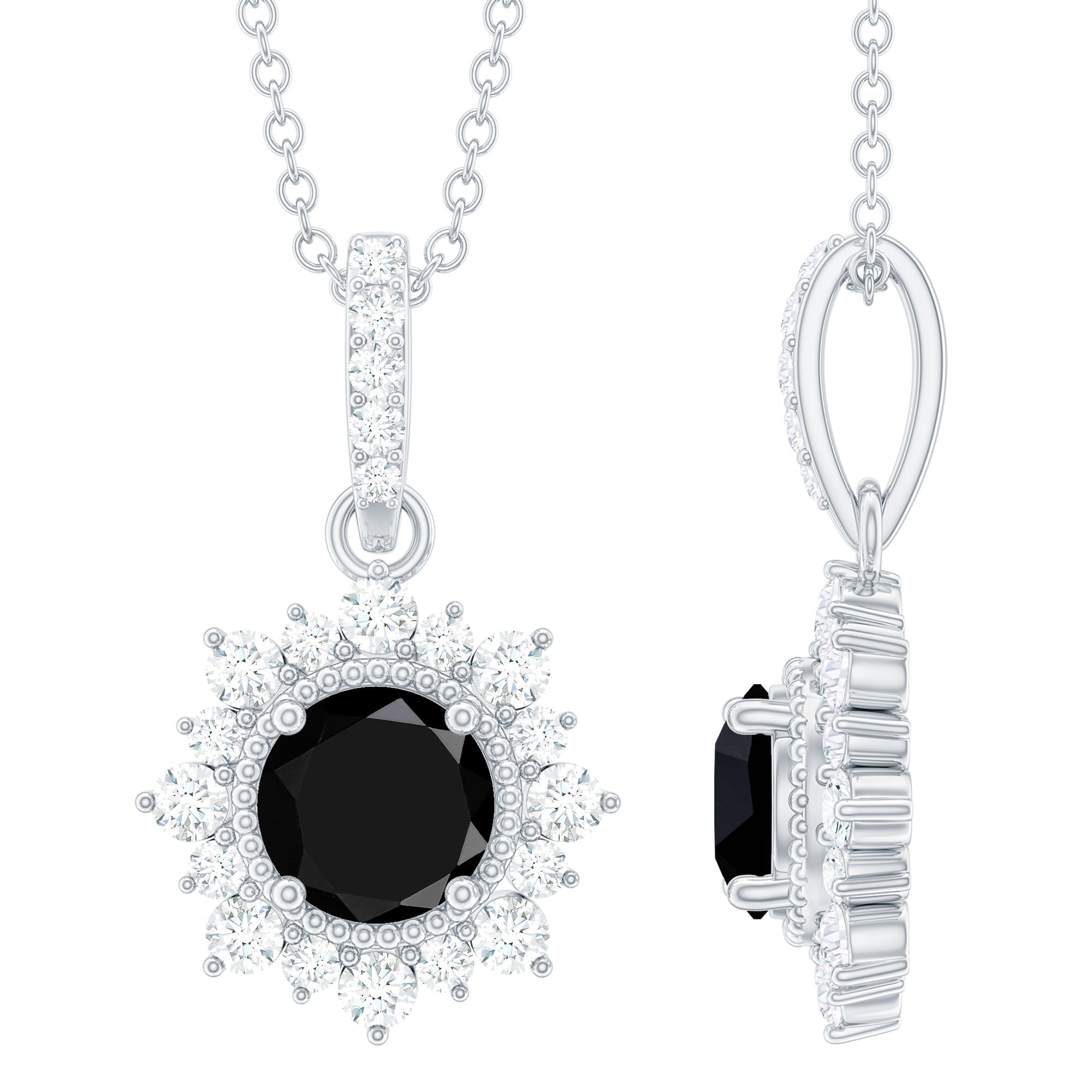 Natural 2 Carat Black Onyx Pendant Necklace with Diamond Halo