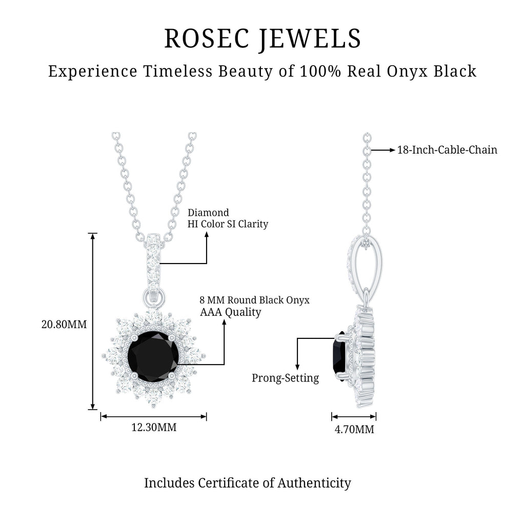 Natural 2 Carat Black Onyx Pendant Necklace with Diamond Halo