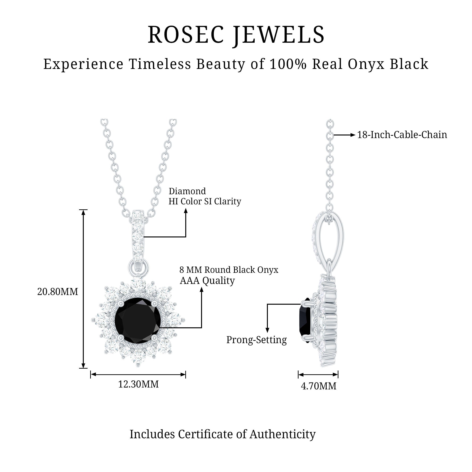 Natural 2 Carat Black Onyx Pendant Necklace with Diamond Halo