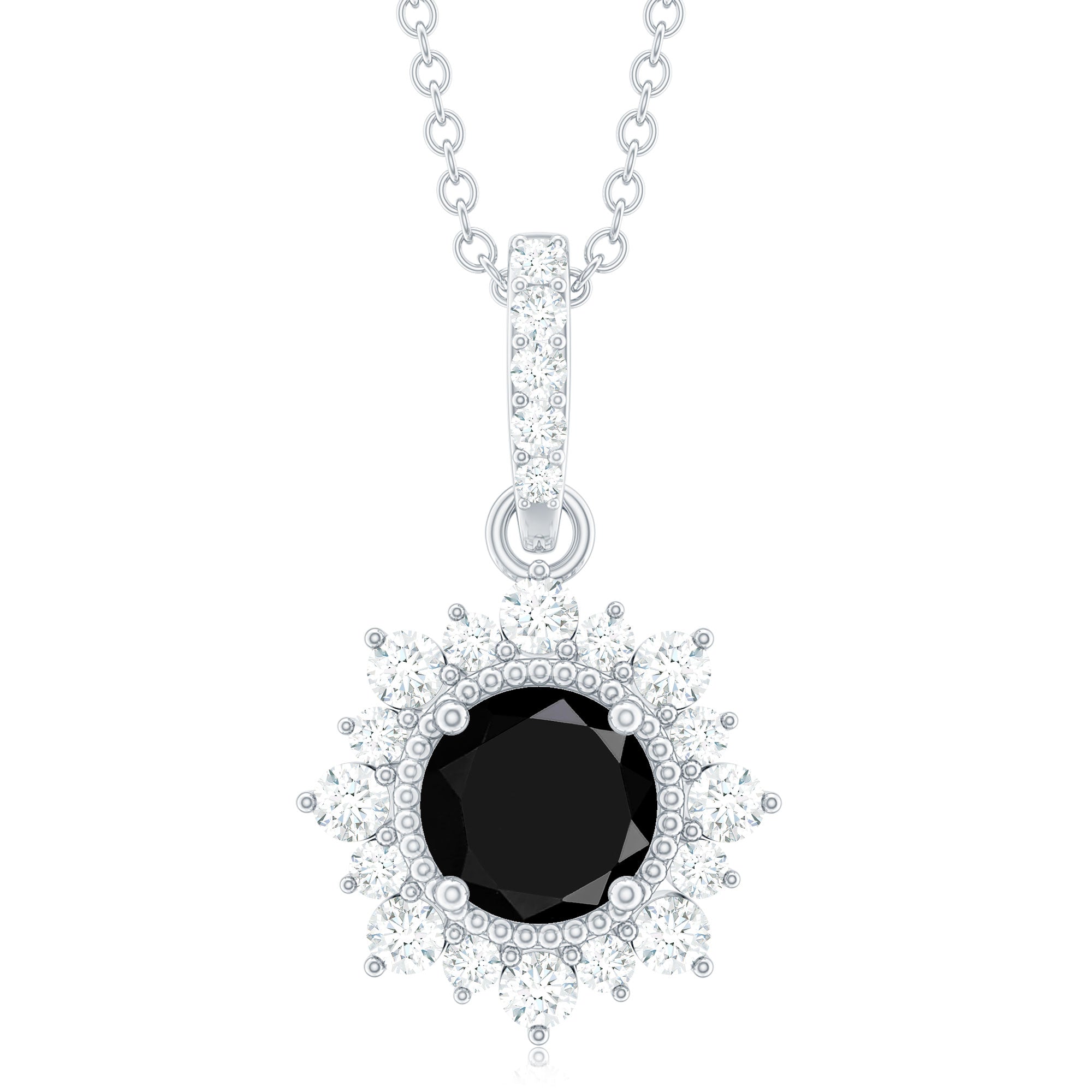 Natural 2 Carat Black Onyx Pendant Necklace with Diamond Halo