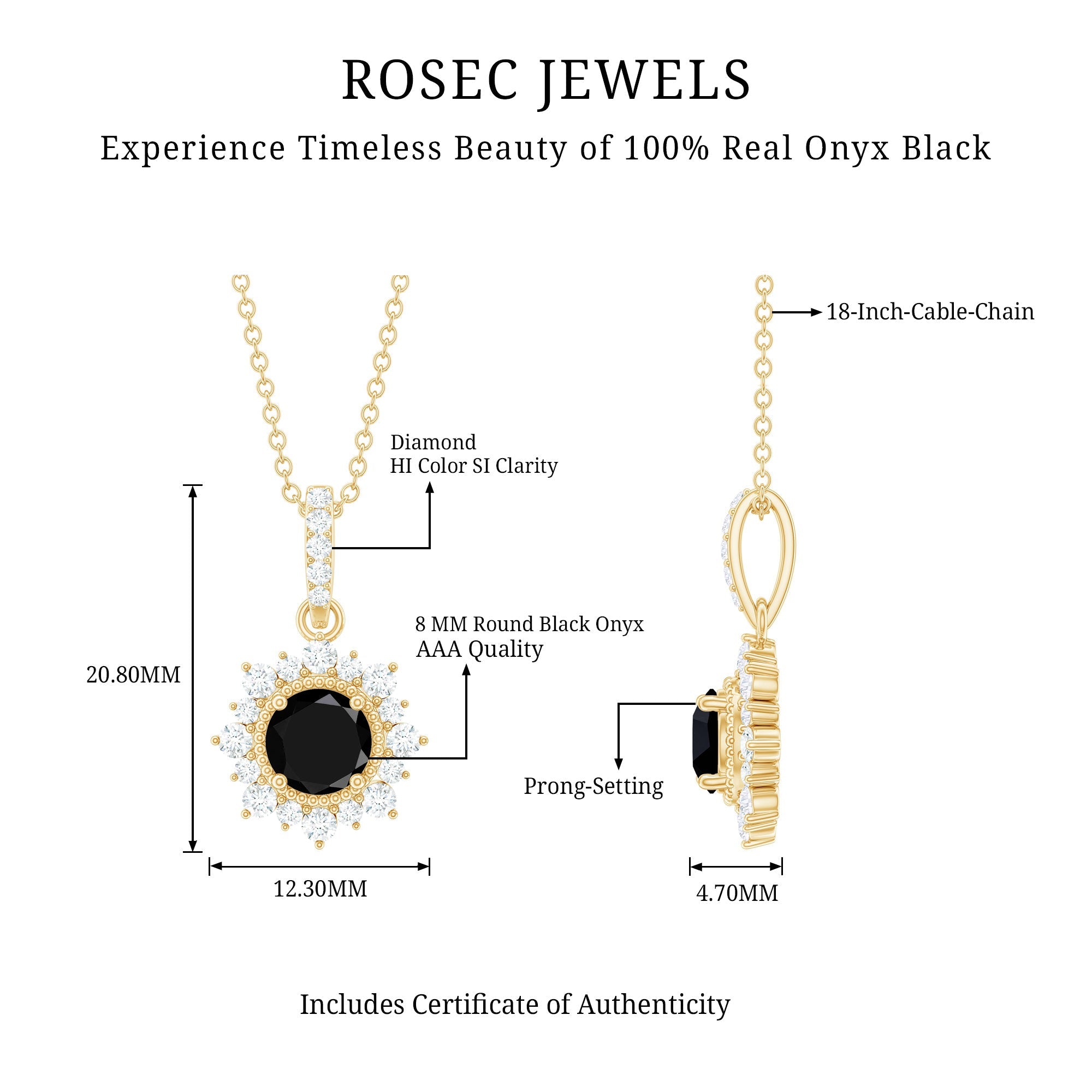 Natural 2 Carat Black Onyx Pendant Necklace with Diamond Halo