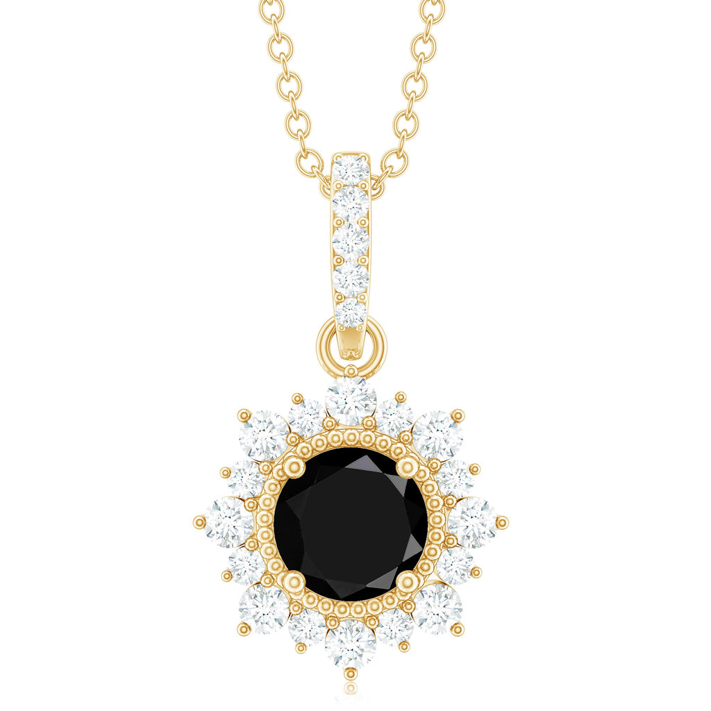 Natural 2 Carat Black Onyx Pendant Necklace with Diamond Halo