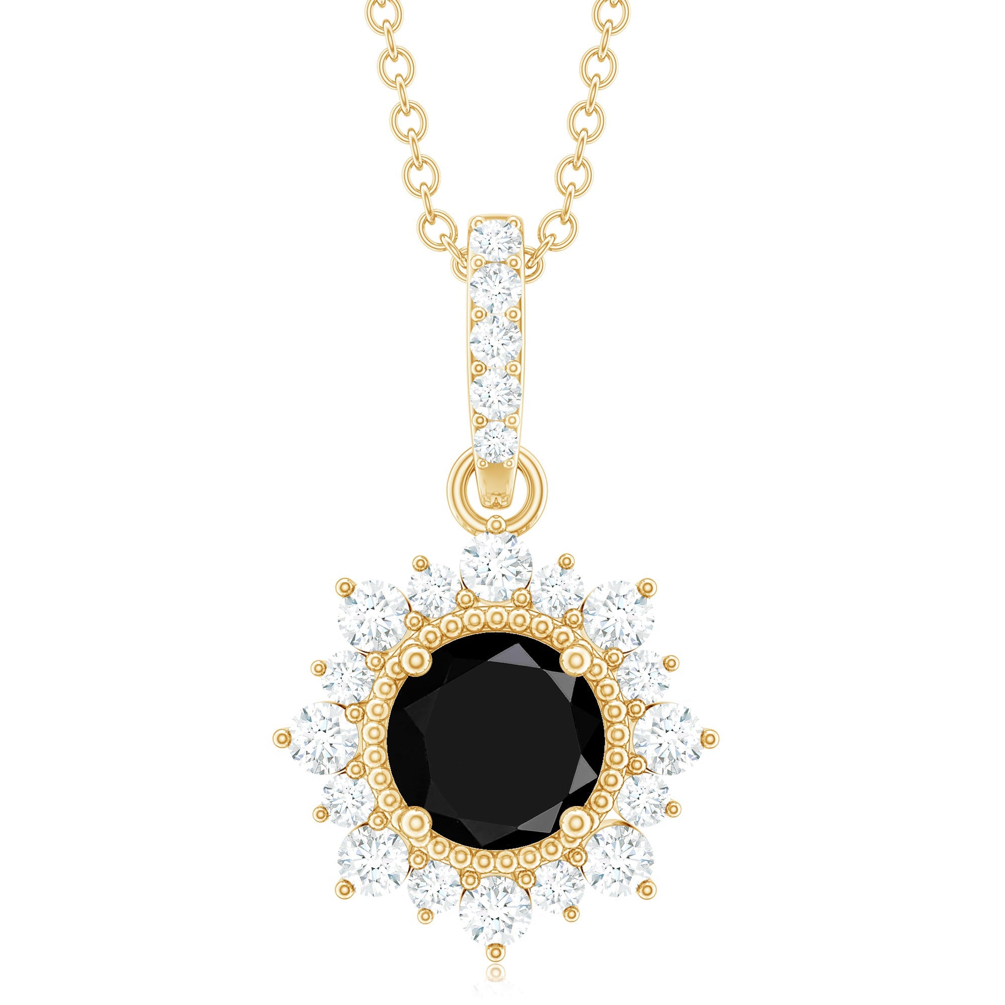 Natural 2 Carat Black Onyx Pendant Necklace with Diamond Halo