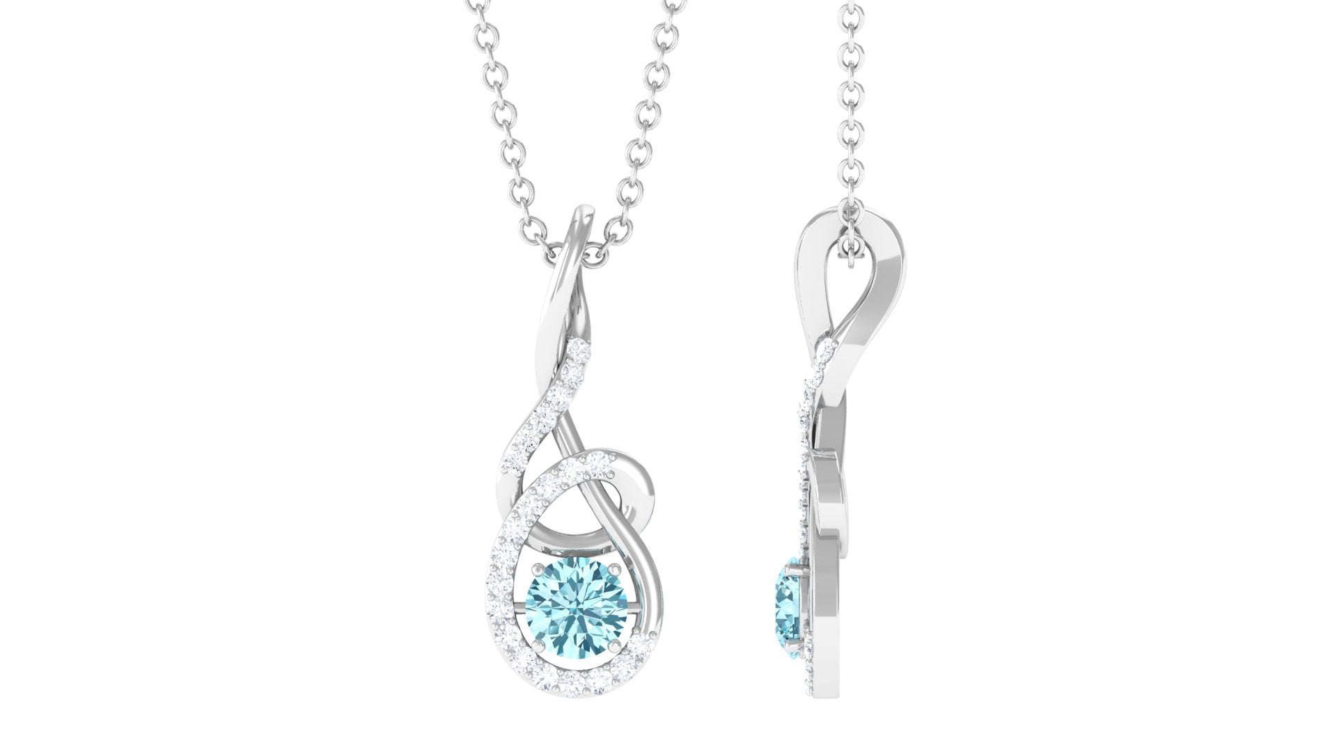 Aquamarine Pendant Necklace – 6mm Blue Gemstone With Diamond Twisted Frame