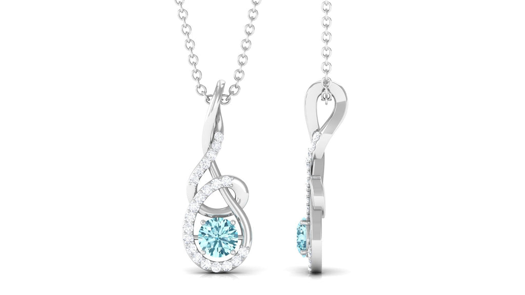 Aquamarine Pendant Necklace – 6mm Blue Gemstone With Diamond Twisted Frame