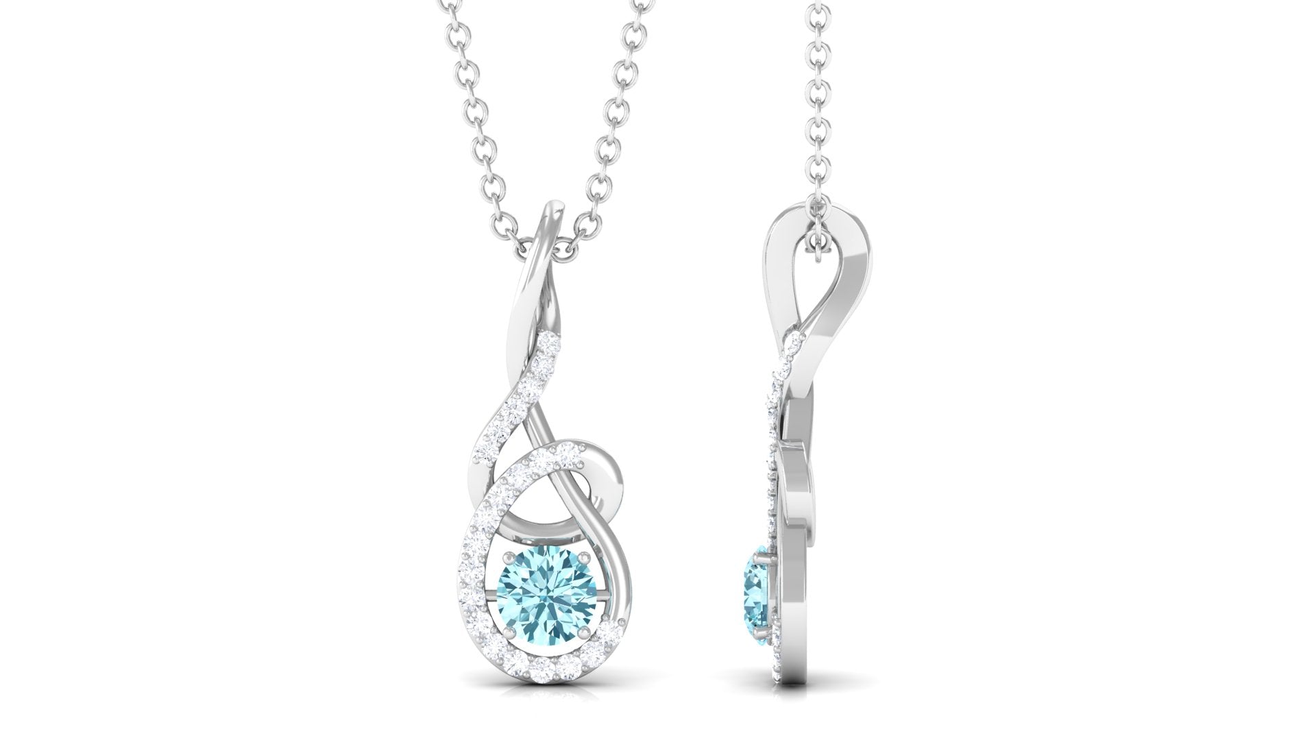 Aquamarine Pendant Necklace – 6mm Blue Gemstone With Diamond Twisted Frame