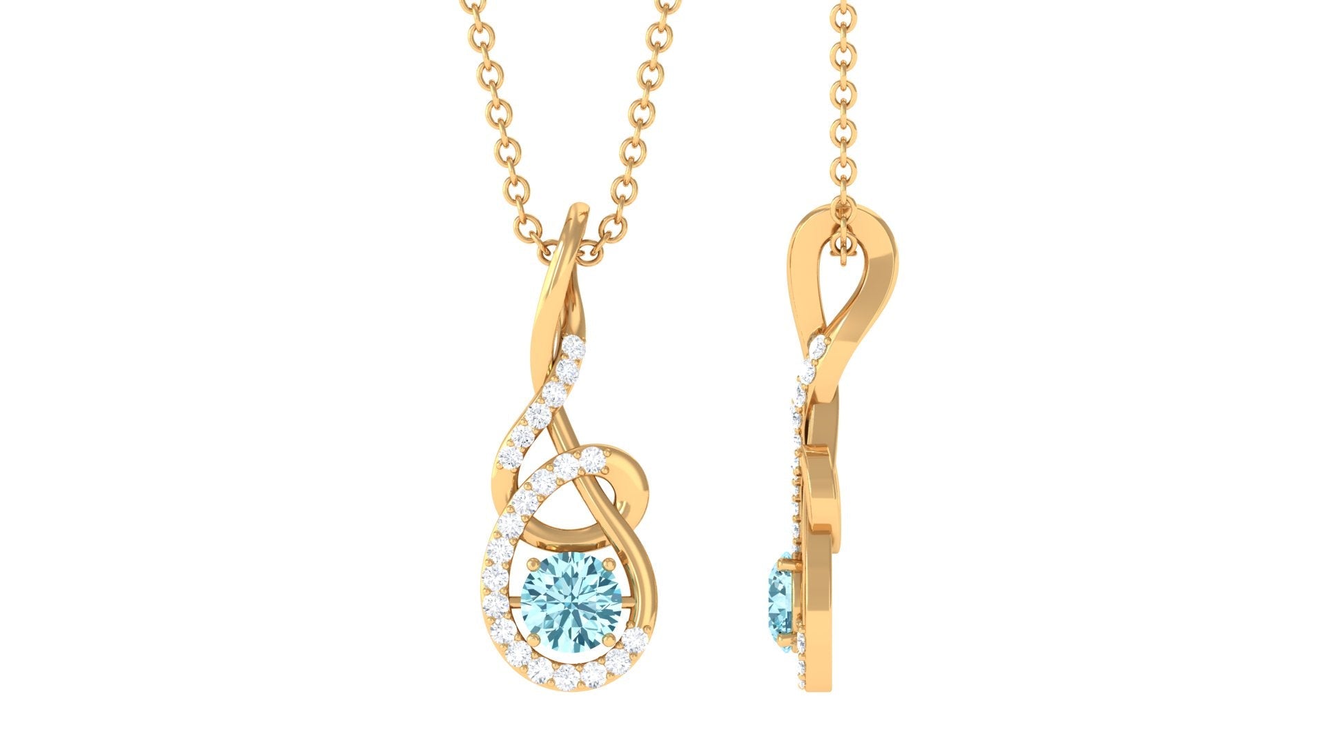 Aquamarine Pendant Necklace – 6mm Blue Gemstone With Diamond Twisted Frame