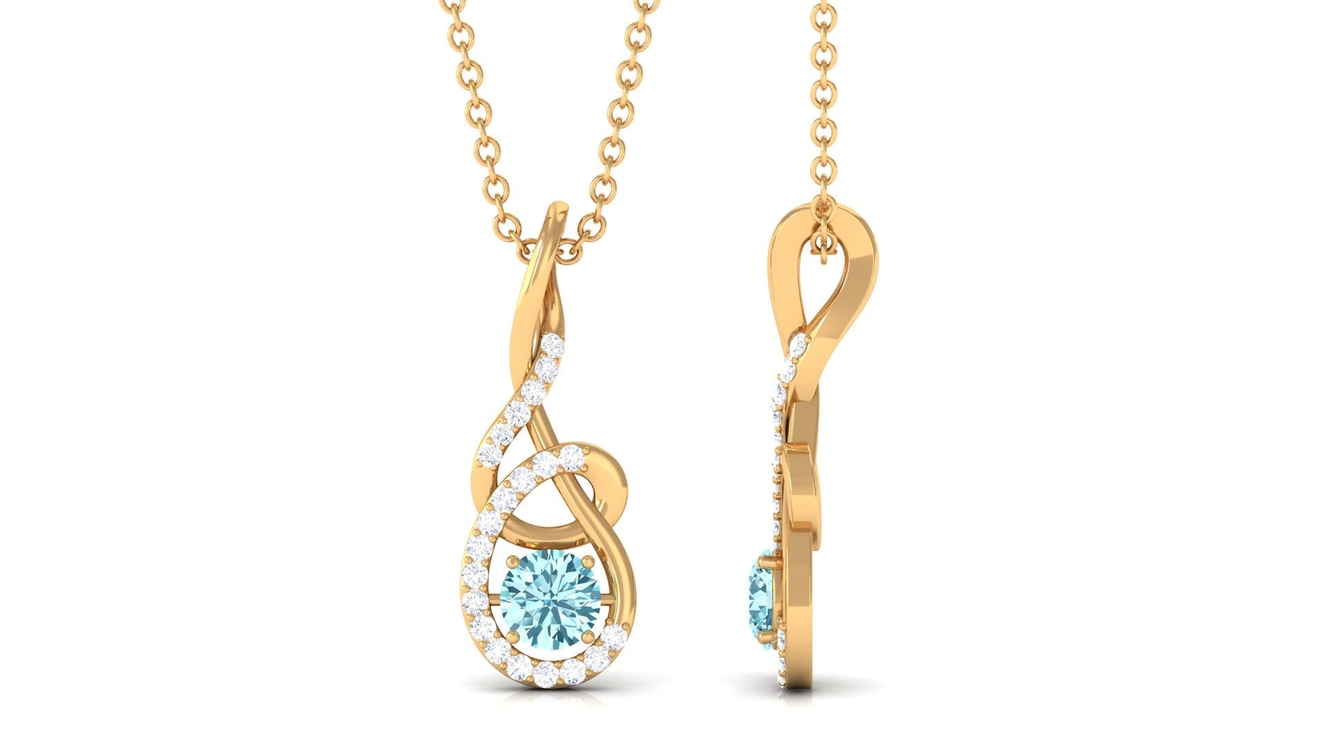 Aquamarine Pendant Necklace – 6mm Blue Gemstone With Diamond Twisted Frame