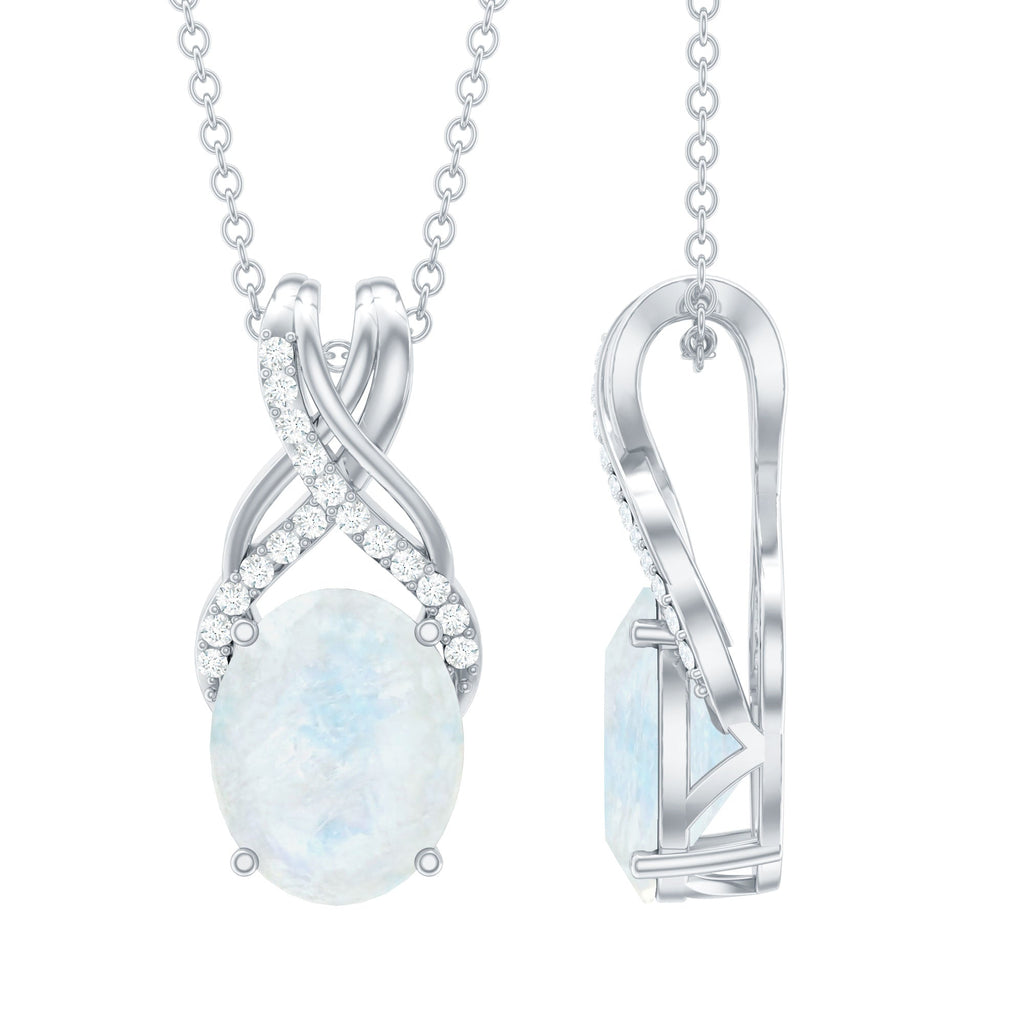 Moonstone Pendant Necklace – Oval Light Blue Moonstone With Diamond Twisted Bail