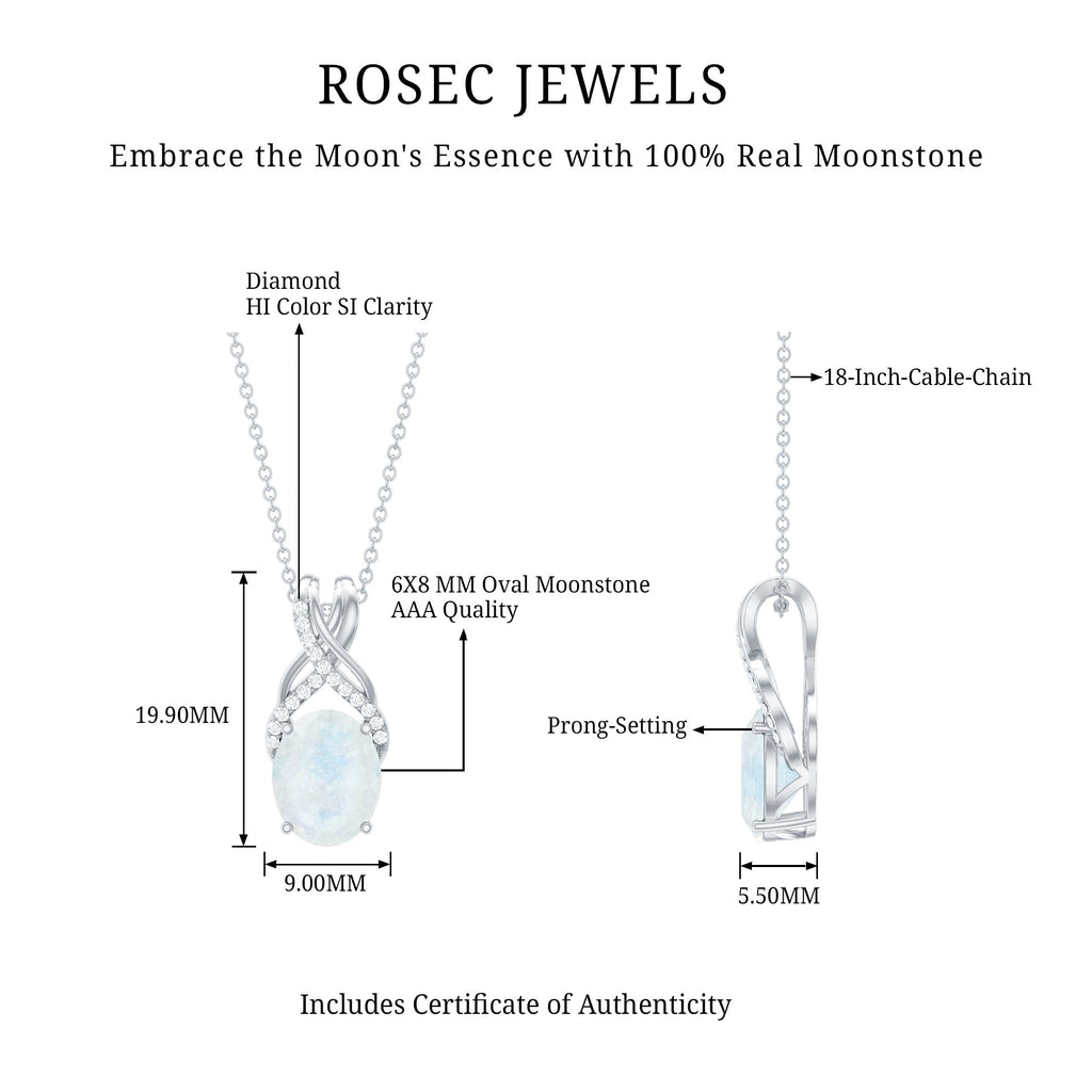Moonstone Pendant Necklace – Oval Light Blue Moonstone With Diamond Twisted Bail