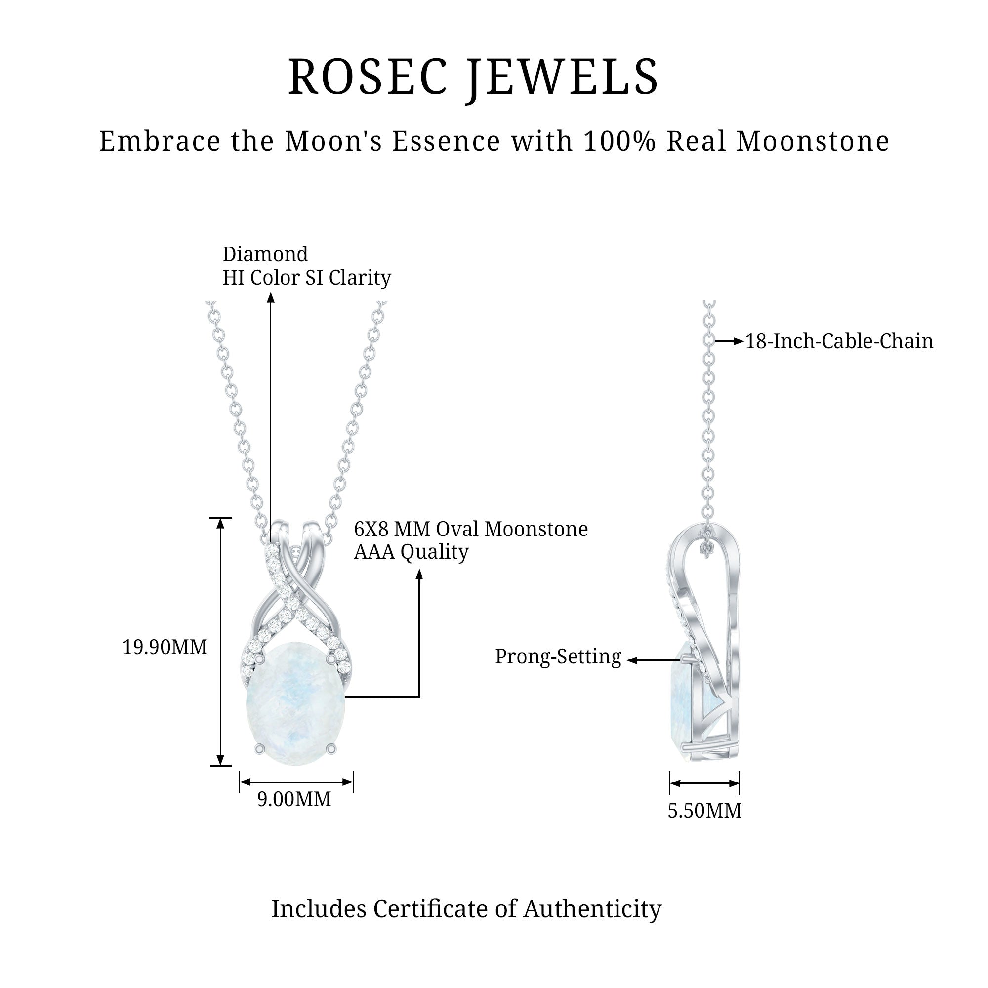 Moonstone Pendant Necklace – Oval Light Blue Moonstone With Diamond Twisted Bail