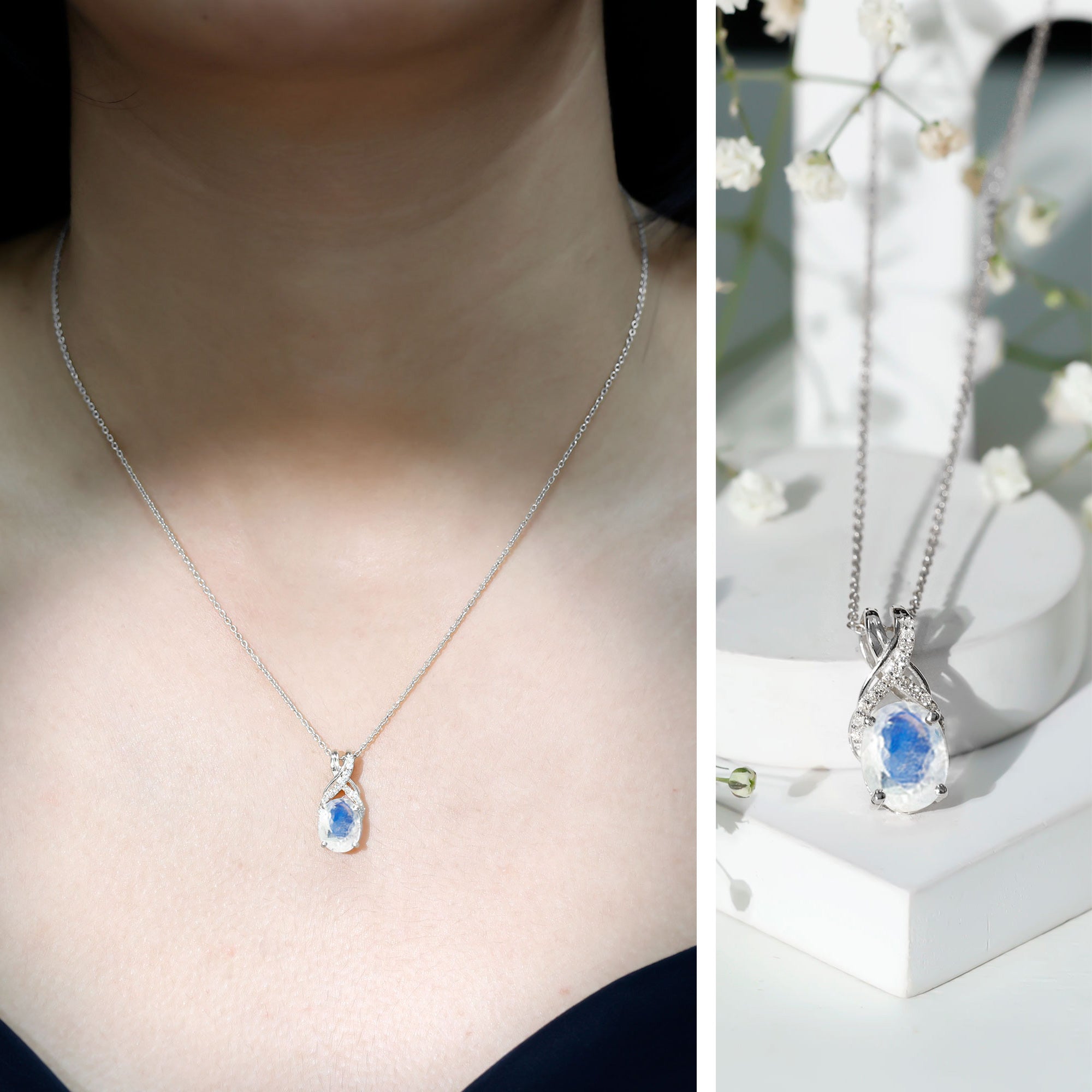 Moonstone Pendant Necklace – Oval Light Blue Moonstone With Diamond Twisted Bail