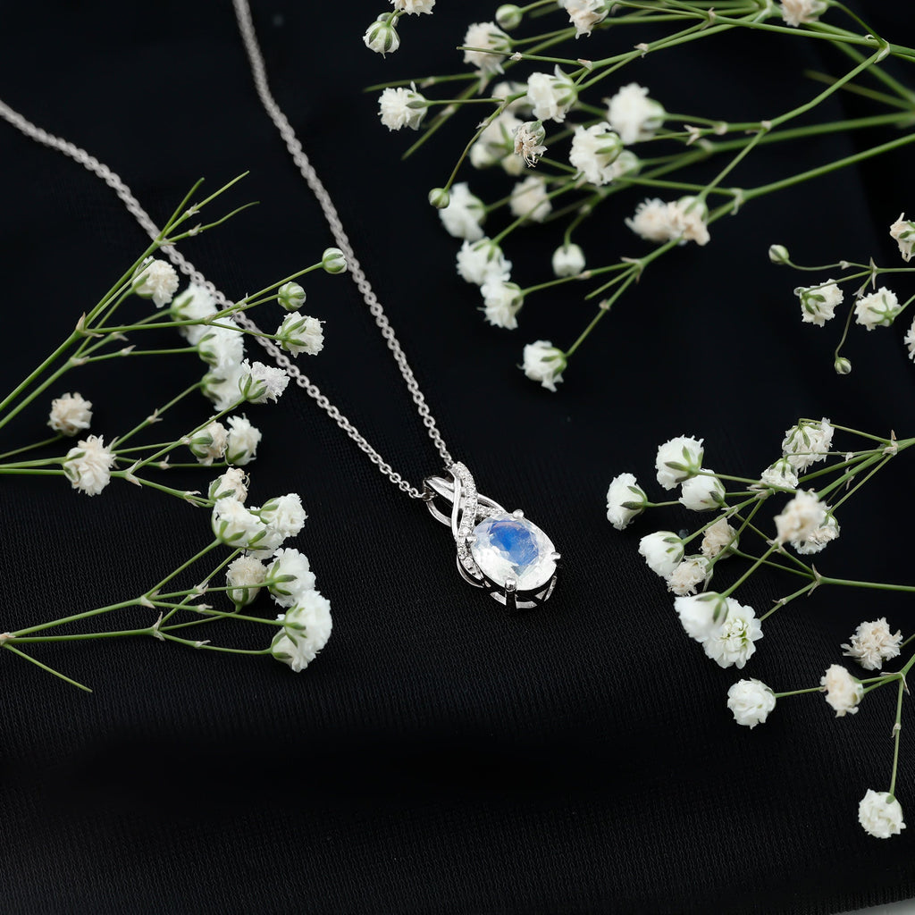 Moonstone Pendant Necklace – Oval Light Blue Moonstone With Diamond Twisted Bail