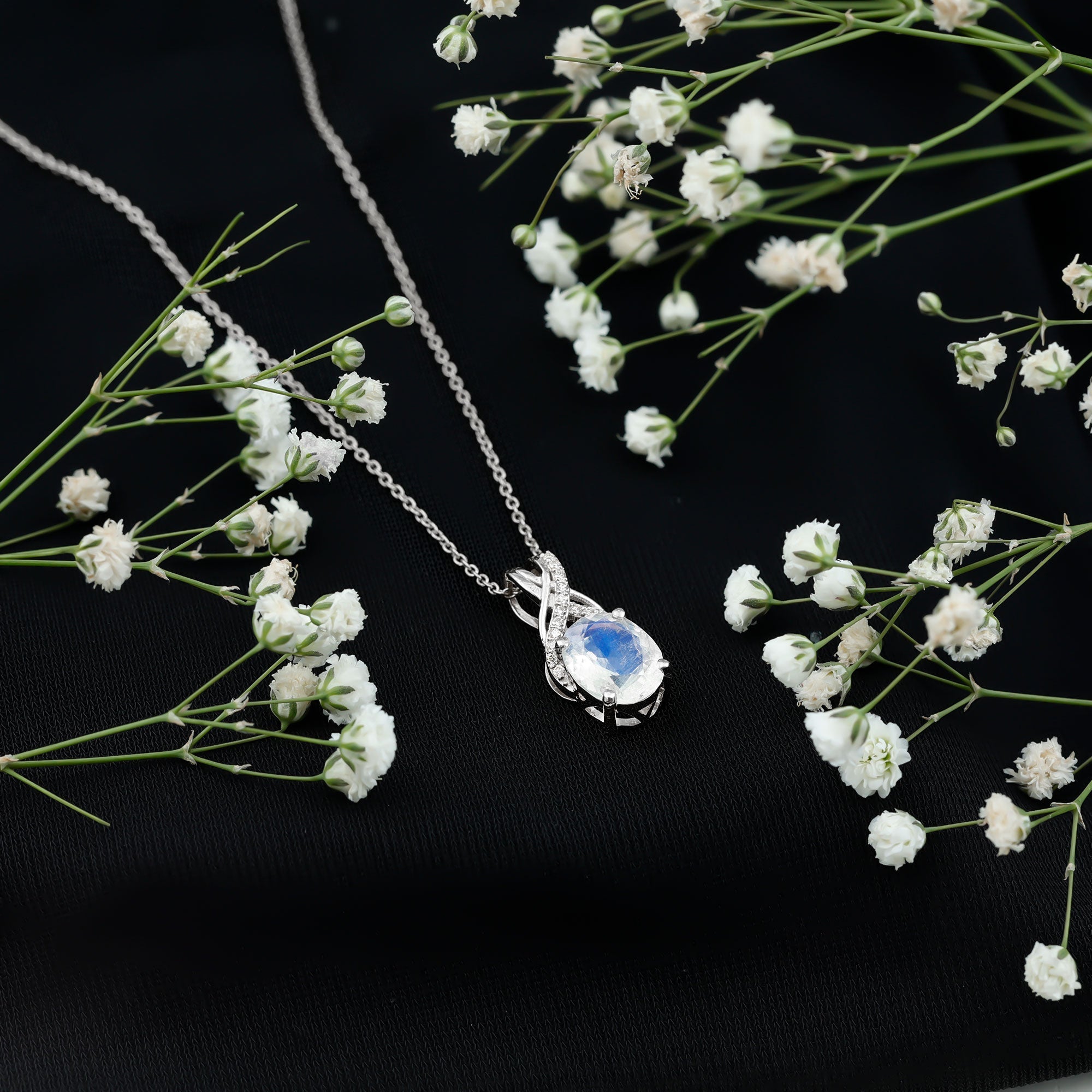 Moonstone Pendant Necklace – Oval Light Blue Moonstone With Diamond Twisted Bail