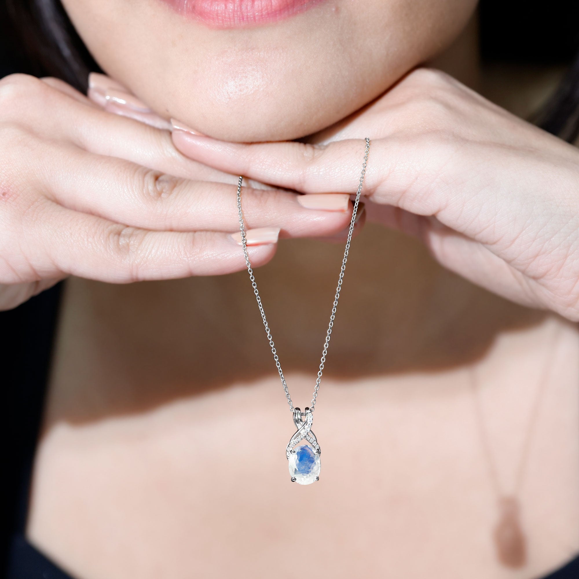 Moonstone Pendant Necklace – Oval Light Blue Moonstone With Diamond Twisted Bail
