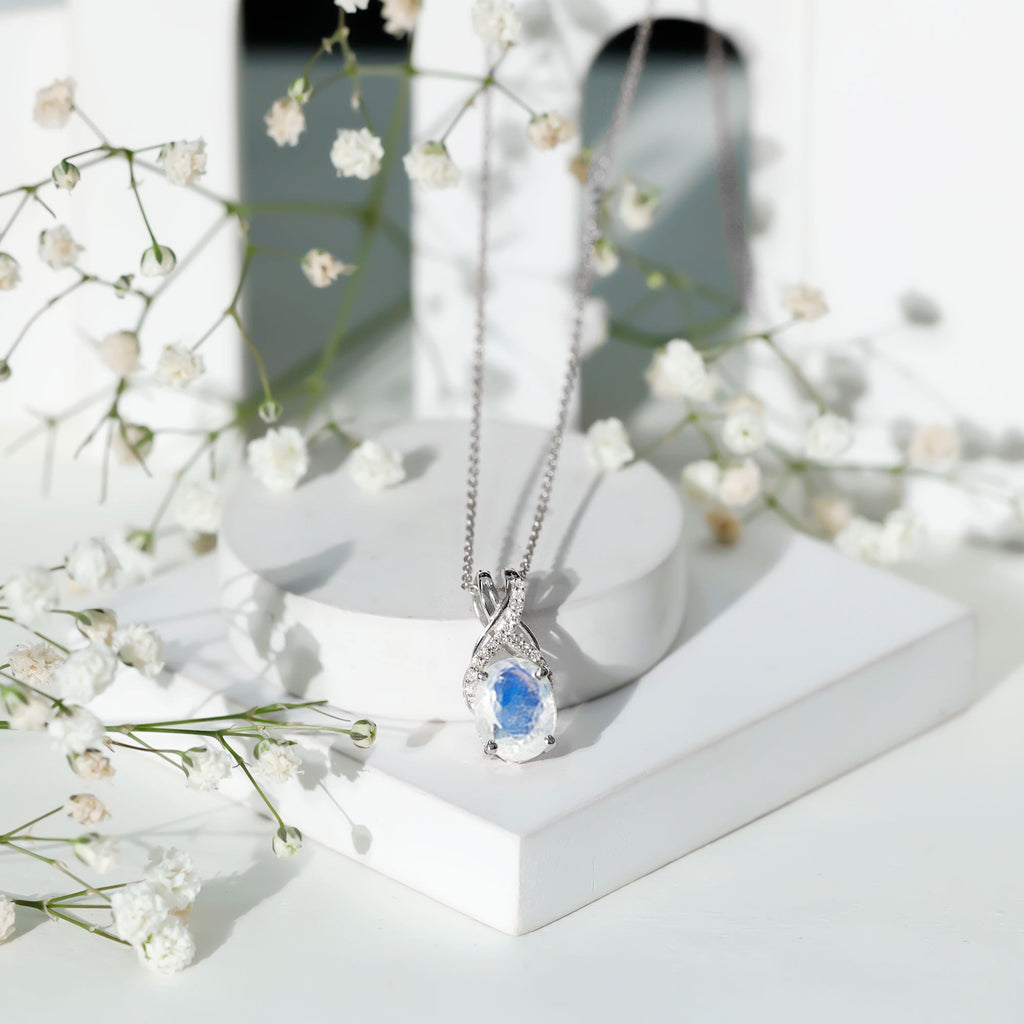 Moonstone Pendant Necklace – Oval Light Blue Moonstone With Diamond Twisted Bail