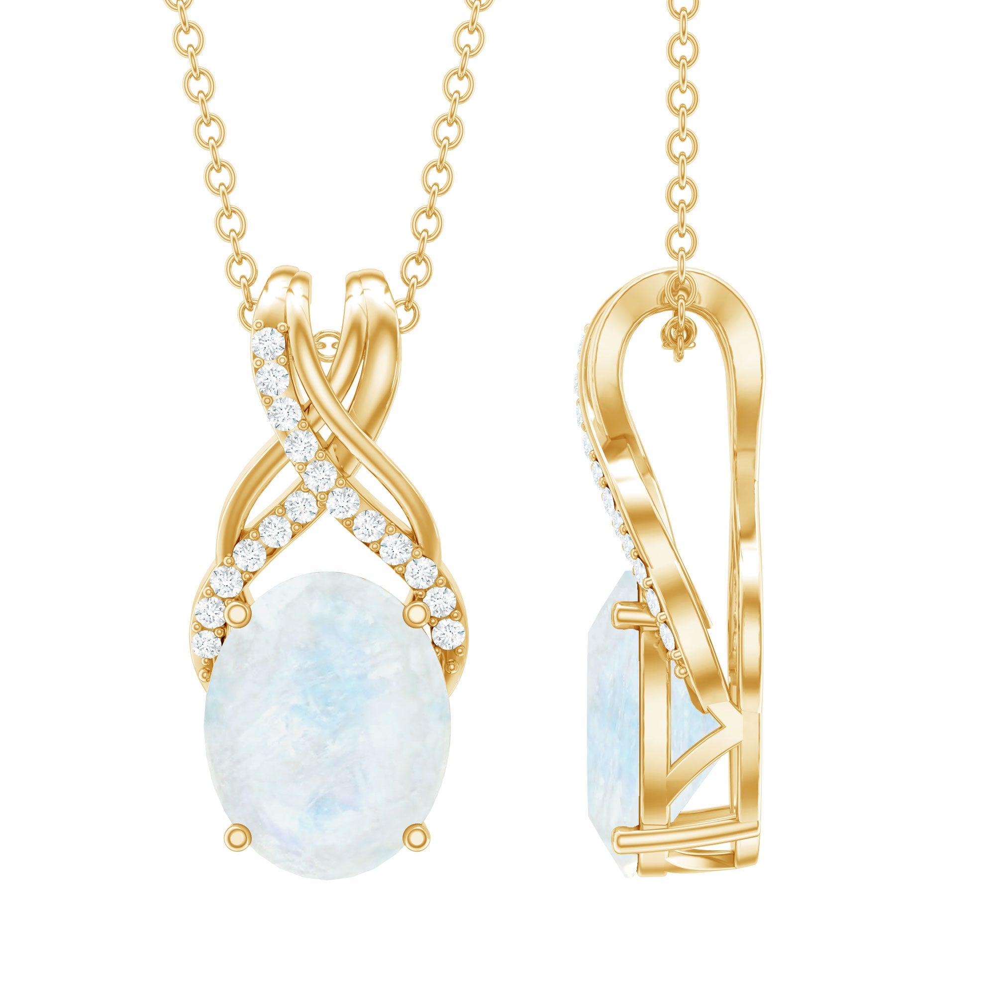 Moonstone Pendant Necklace – Oval Light Blue Moonstone With Diamond Twisted Bail