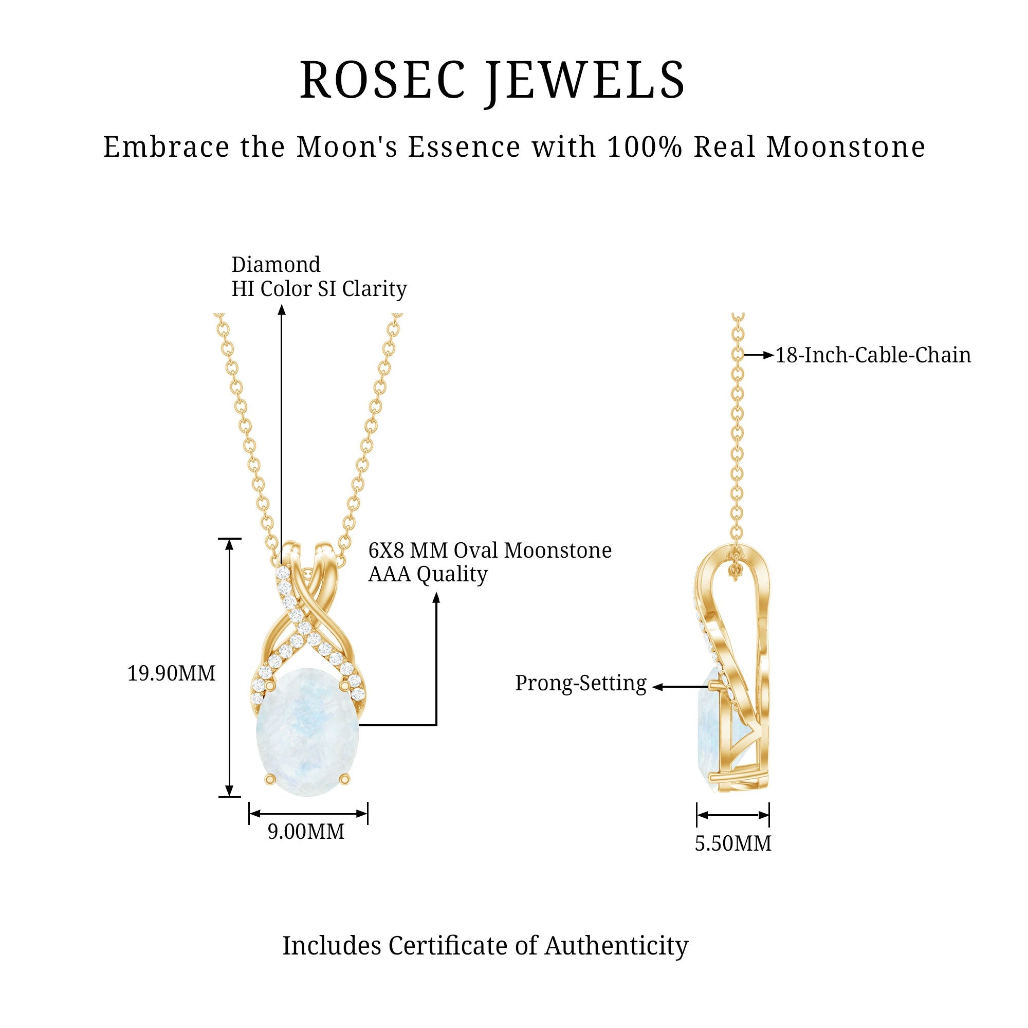 Moonstone Pendant Necklace – Oval Light Blue Moonstone With Diamond Twisted Bail