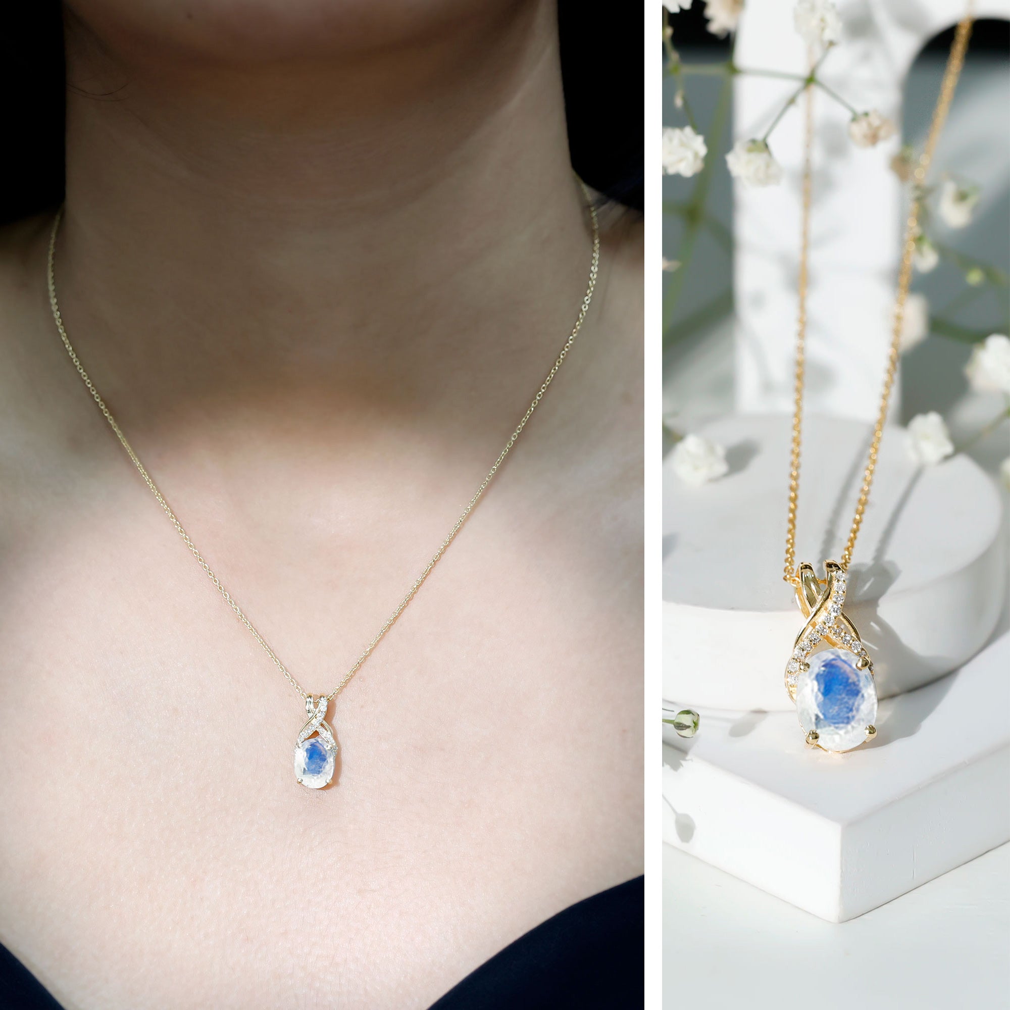 Moonstone Pendant Necklace – Oval Light Blue Moonstone With Diamond Twisted Bail