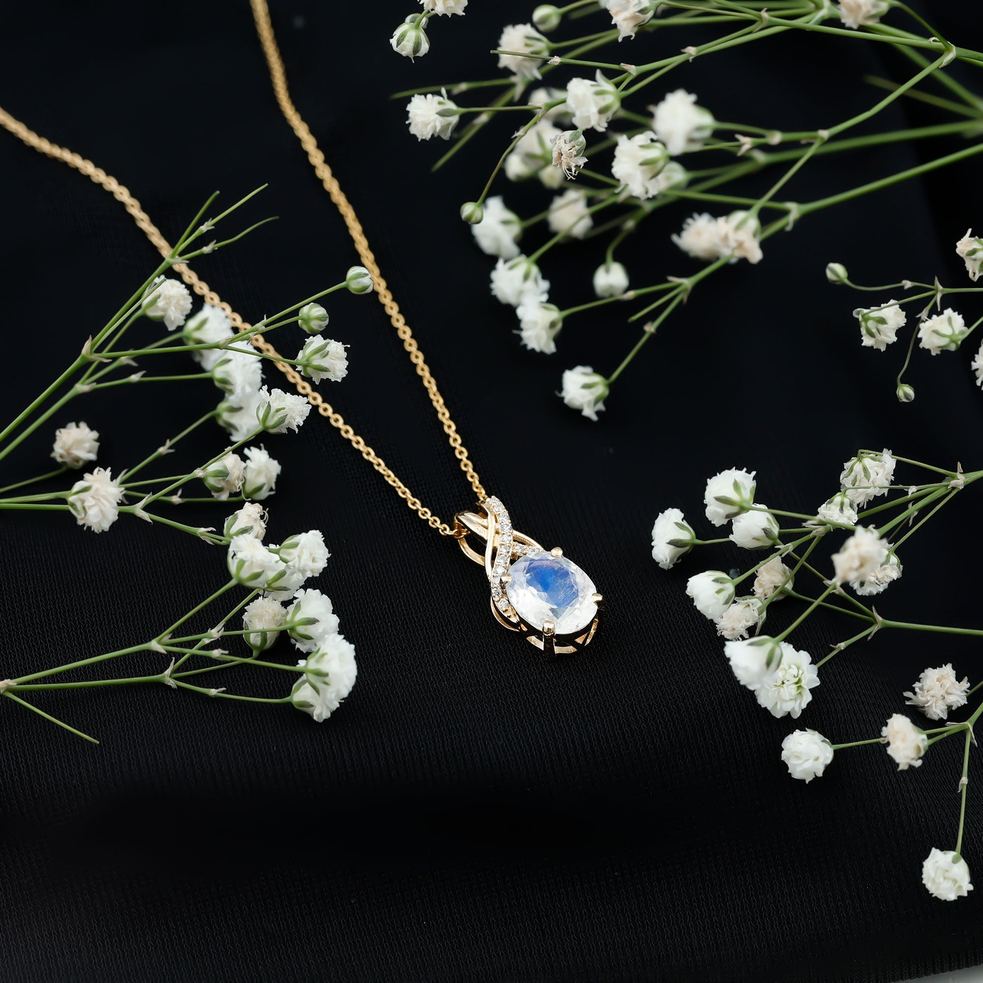 Moonstone Pendant Necklace – Oval Light Blue Moonstone With Diamond Twisted Bail