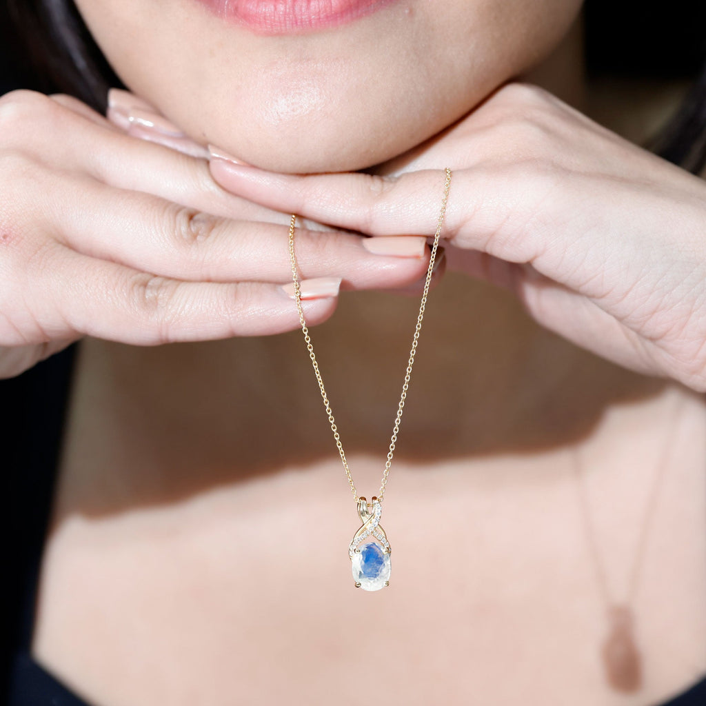 Moonstone Pendant Necklace – Oval Light Blue Moonstone With Diamond Twisted Bail
