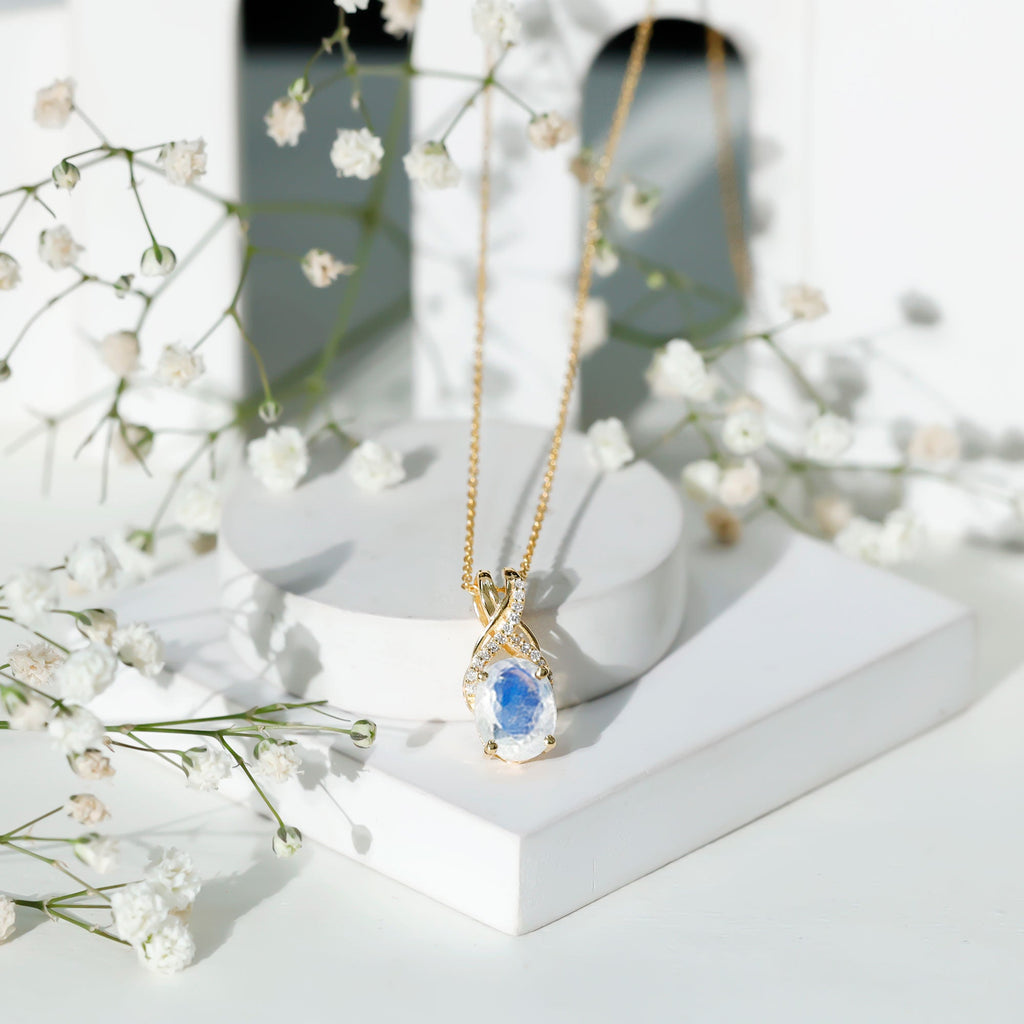 Moonstone Pendant Necklace – Oval Light Blue Moonstone With Diamond Twisted Bail