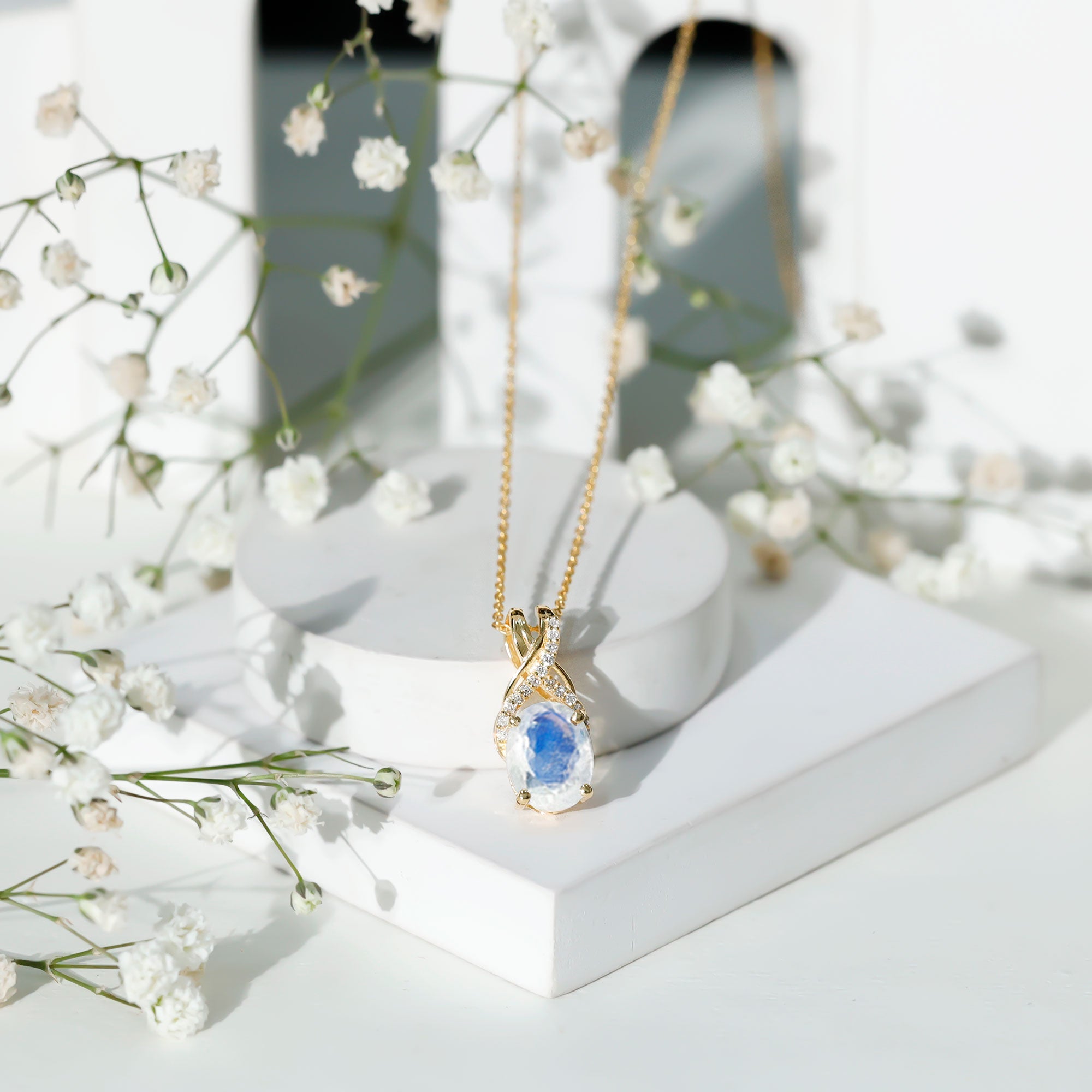 Moonstone Pendant Necklace – Oval Light Blue Moonstone With Diamond Twisted Bail