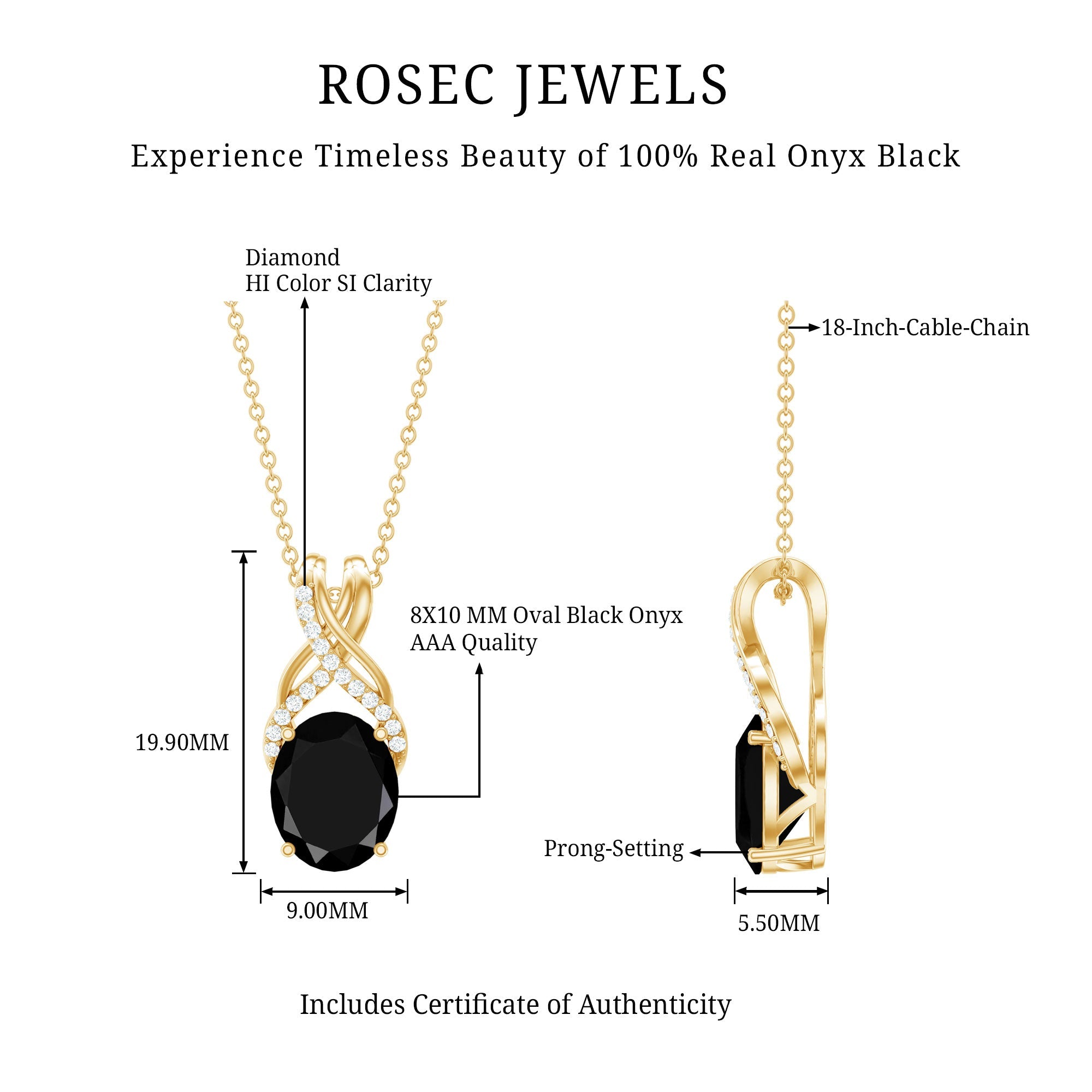 Natural 2.5 Carat Oval Black Onyx Pendant Necklace with Diamond