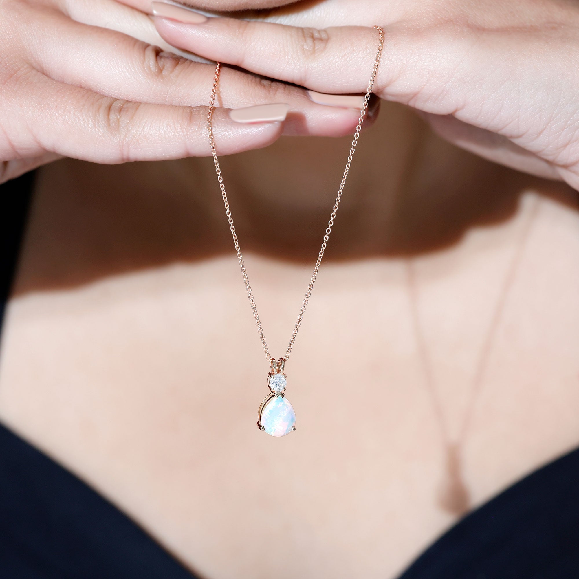 Real Ethiopian Opal Teardrop Necklace with Moissanite