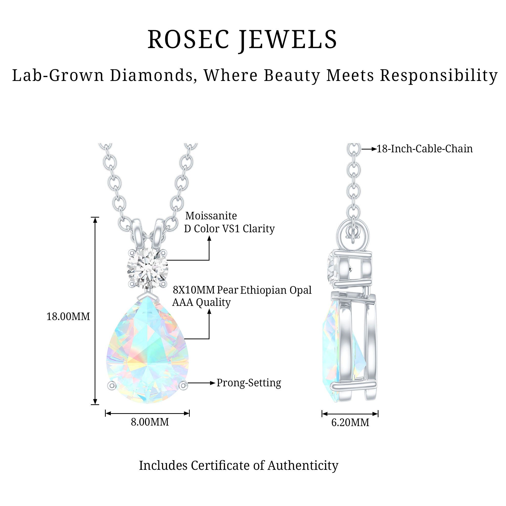 Real Ethiopian Opal Teardrop Necklace with Moissanite
