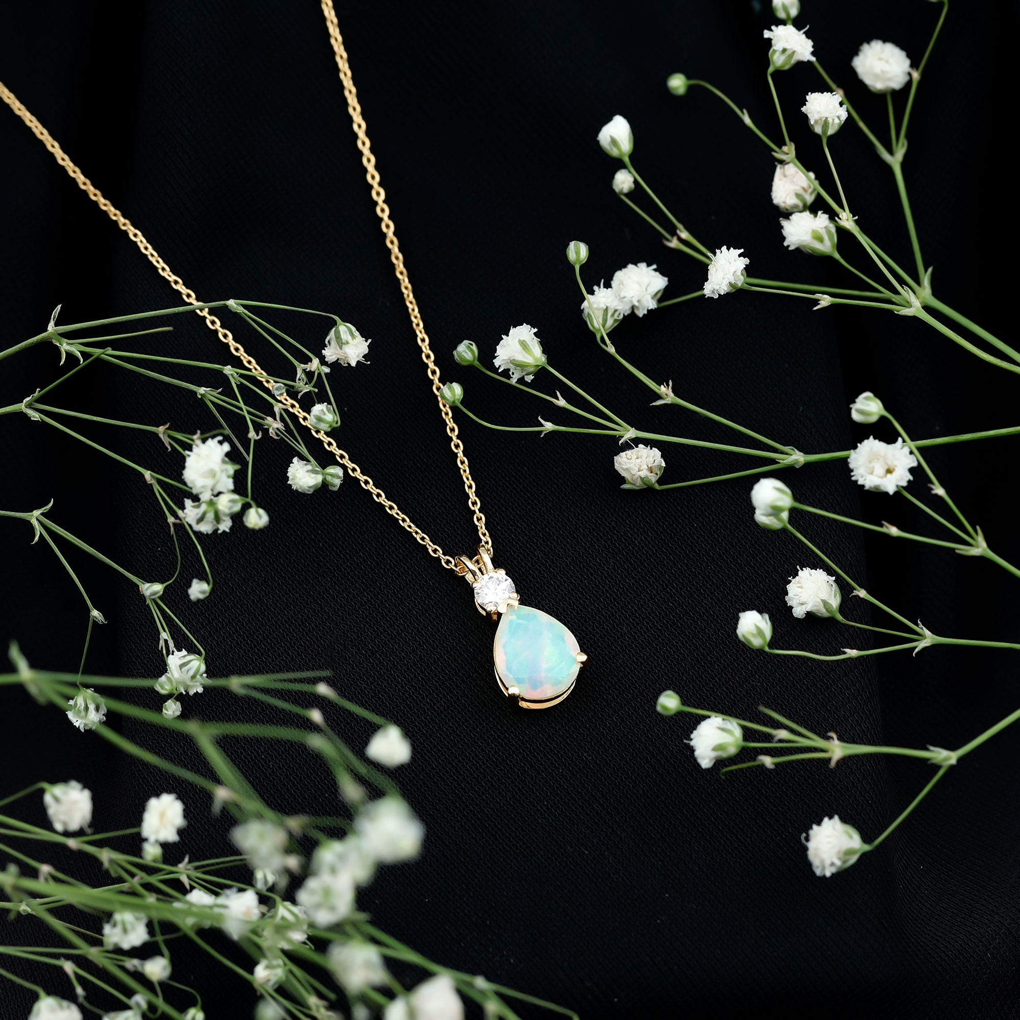 Real Ethiopian Opal Teardrop Necklace with Moissanite