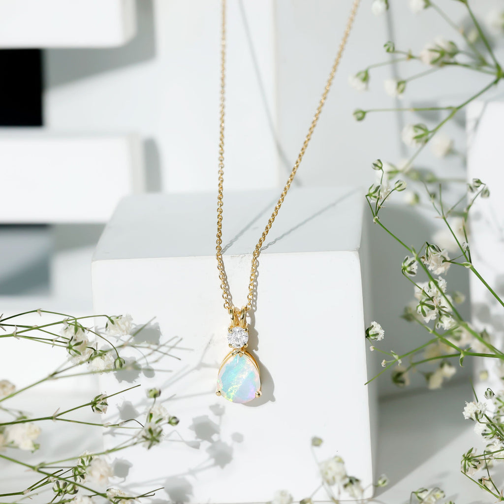 Real Ethiopian Opal Teardrop Necklace with Moissanite