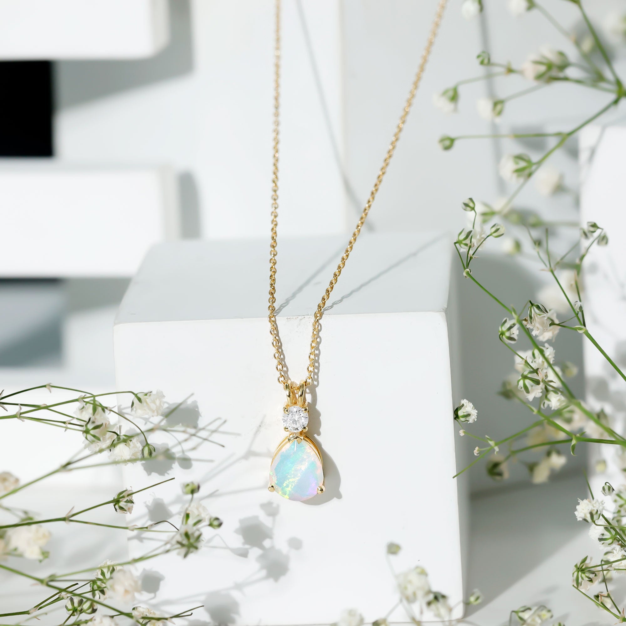 Real Ethiopian Opal Teardrop Necklace with Moissanite
