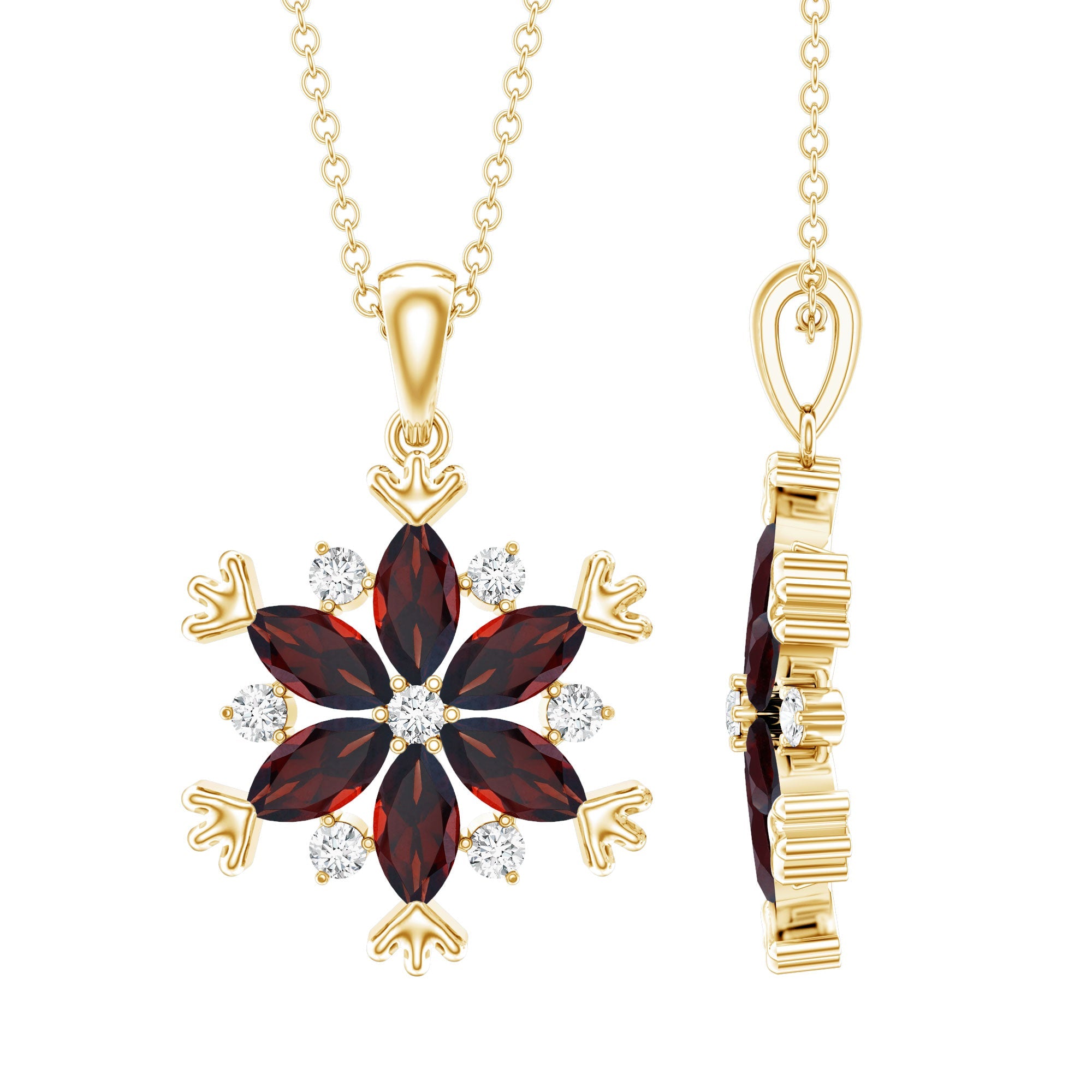 Garnet Flower Pendant - Yellow Gold Necklace With AAA Quality Garnet & Moissanite Gemstones