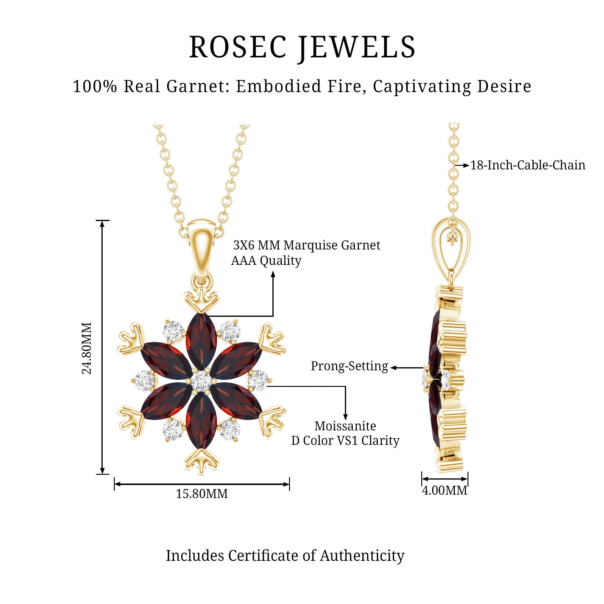Garnet Flower Pendant - Yellow Gold Necklace With AAA Quality Garnet & Moissanite Gemstones