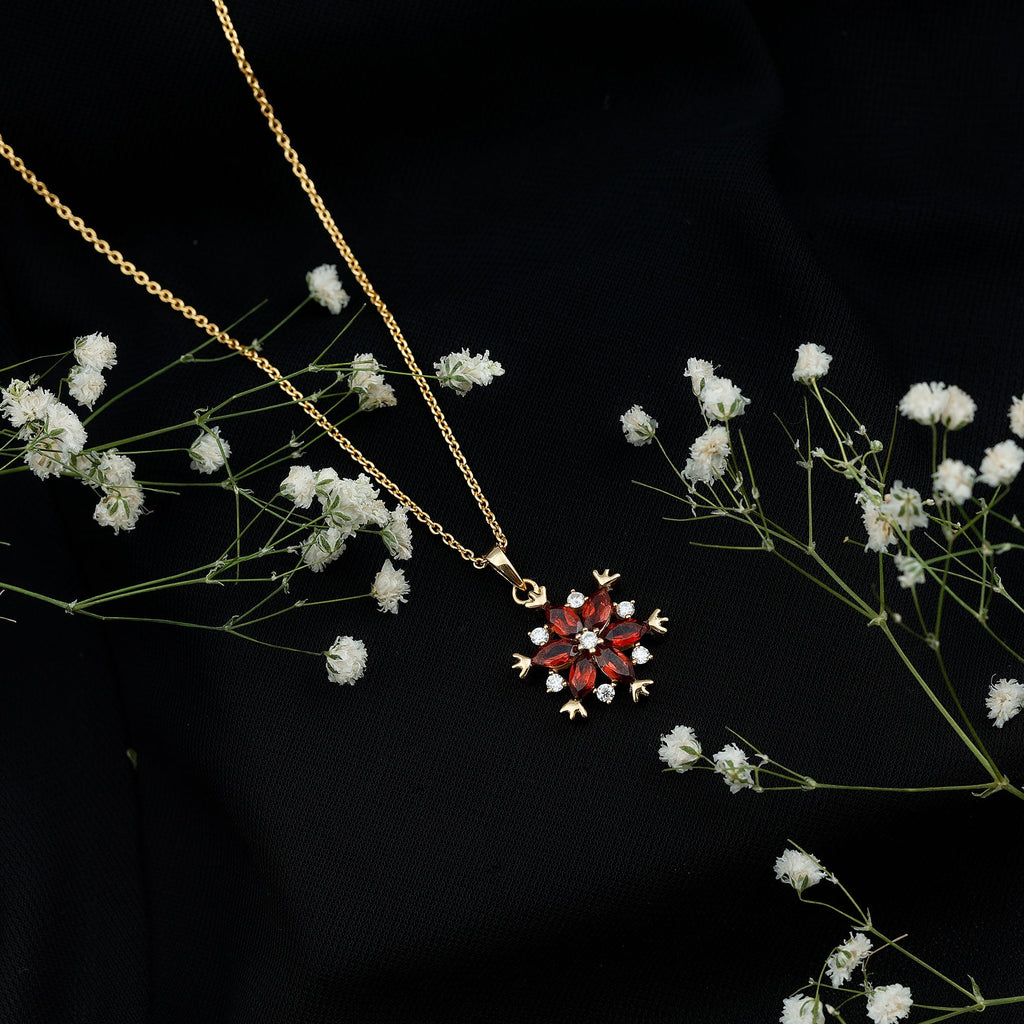 Garnet Flower Pendant - Yellow Gold Necklace With AAA Quality Garnet & Moissanite Gemstones