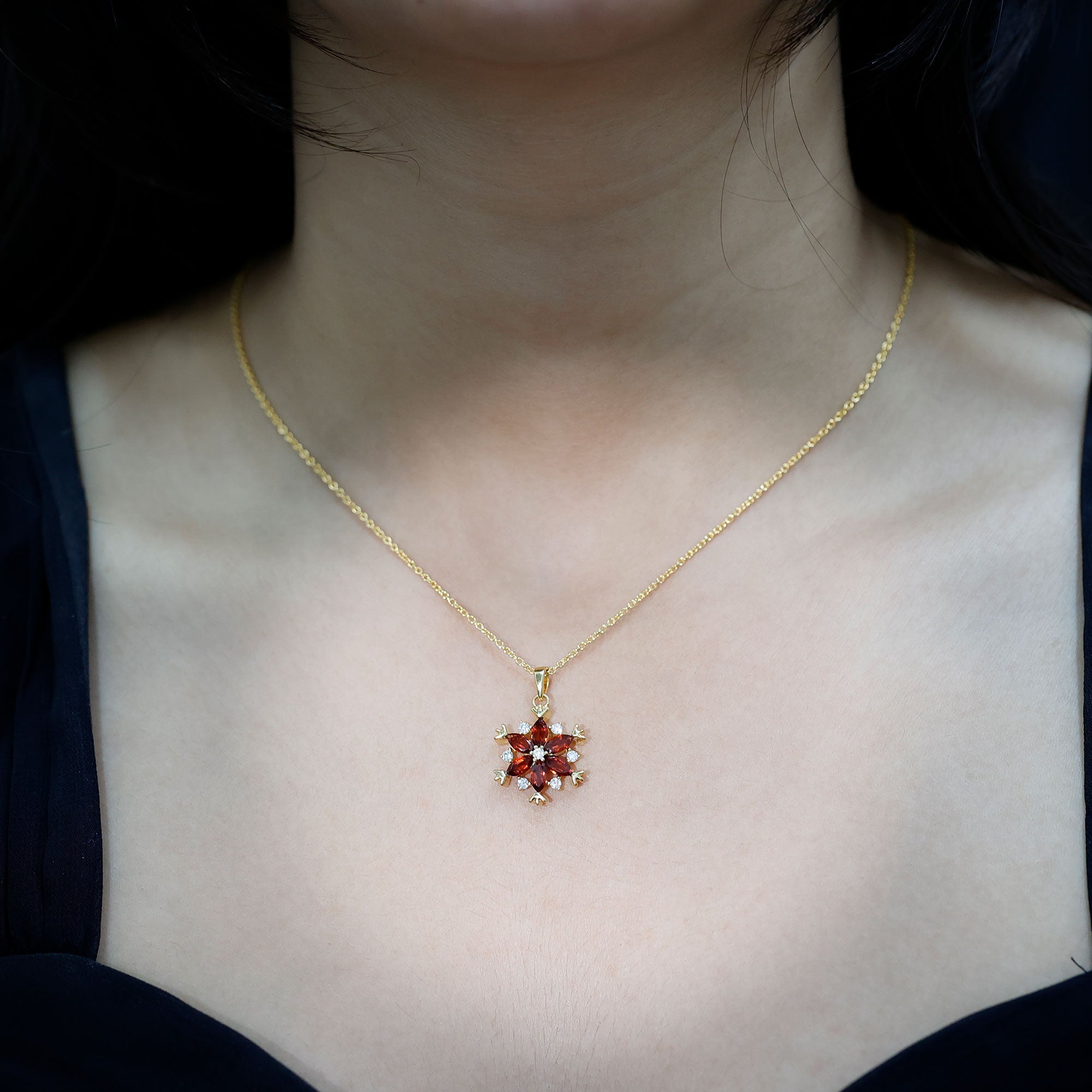 Garnet Flower Pendant - Yellow Gold Necklace With AAA Quality Garnet & Moissanite Gemstones