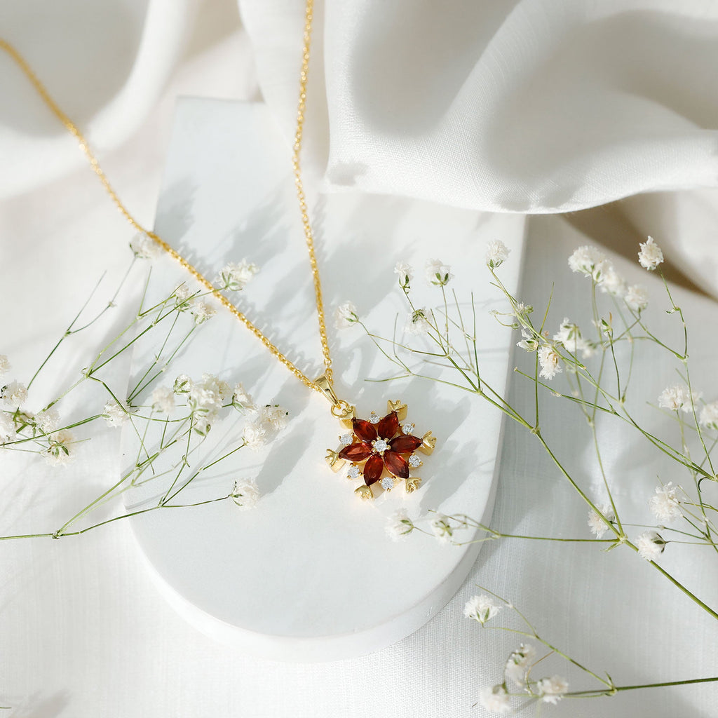 Garnet Flower Pendant - Yellow Gold Necklace With AAA Quality Garnet & Moissanite Gemstones