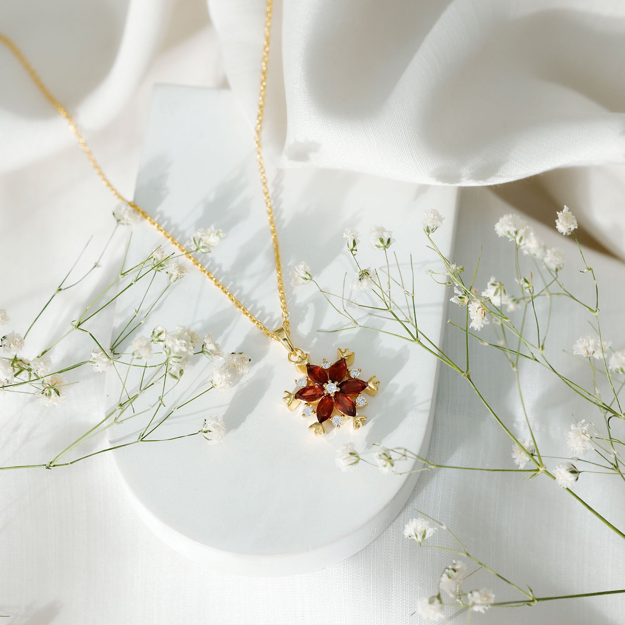 Garnet Flower Pendant - Yellow Gold Necklace With AAA Quality Garnet & Moissanite Gemstones