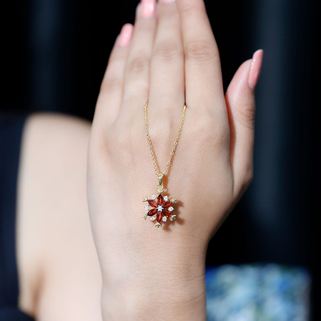 Garnet Flower Pendant - Yellow Gold Necklace With AAA Quality Garnet & Moissanite Gemstones