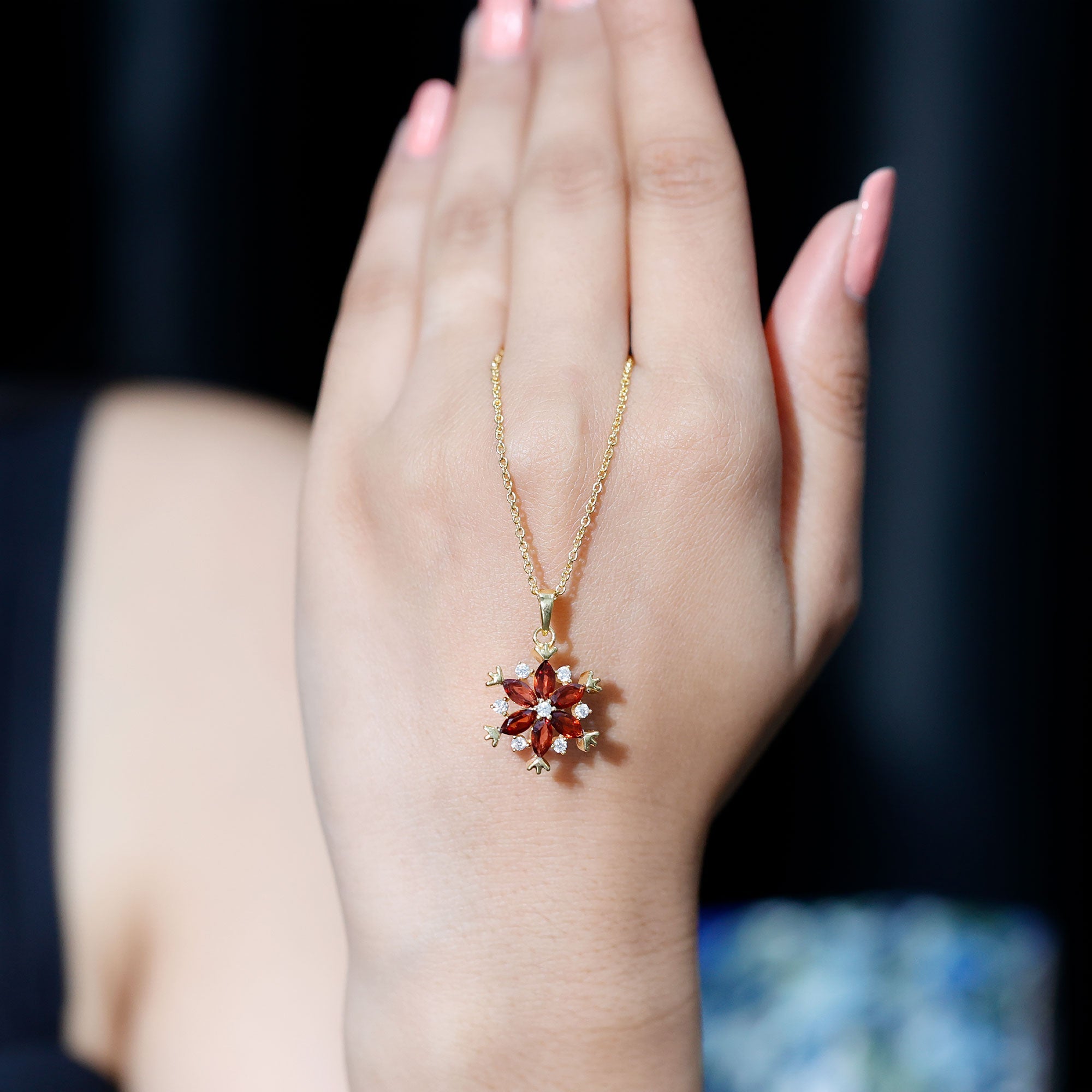 Garnet Flower Pendant - Yellow Gold Necklace With AAA Quality Garnet & Moissanite Gemstones