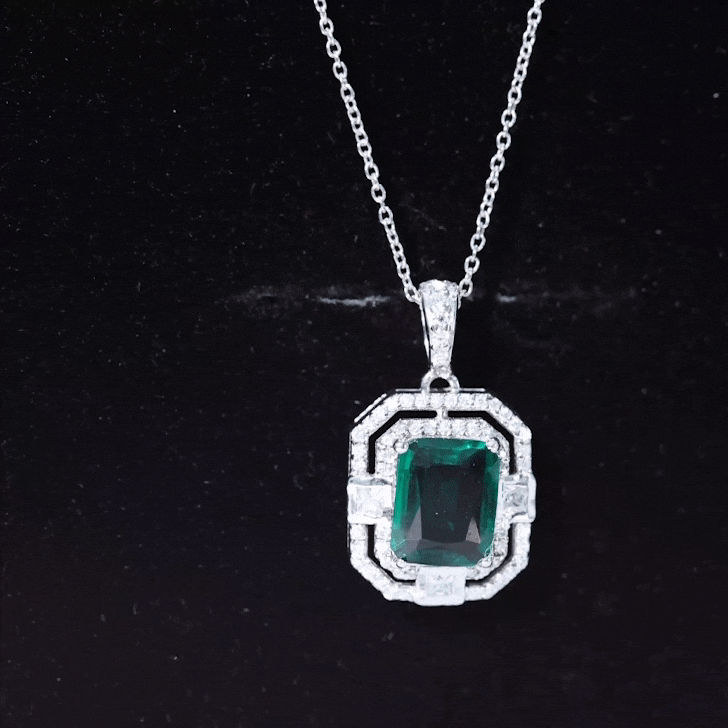 Lab Created Emerald Necklace – Octagon Cut Pendant With Double Halo Moissanite Sparkle