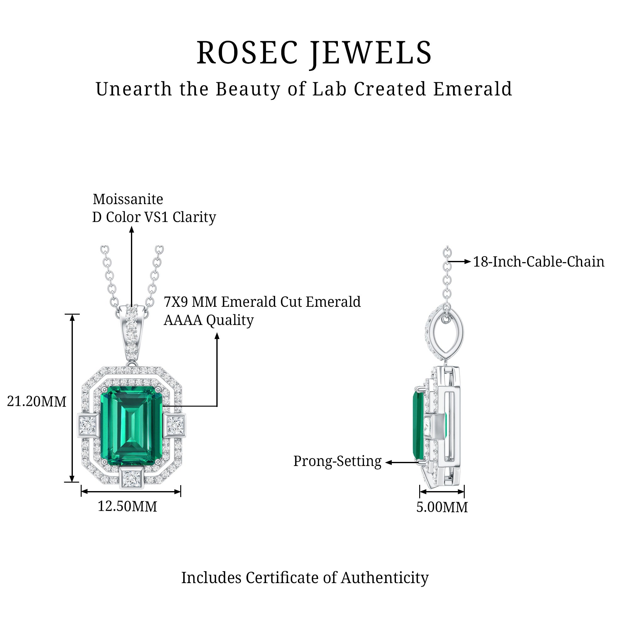 Lab Created Emerald Necklace – Octagon Cut Pendant With Double Halo Moissanite Sparkle