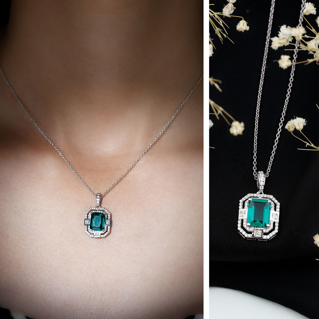 Lab Created Emerald Necklace – Octagon Cut Pendant With Double Halo Moissanite Sparkle