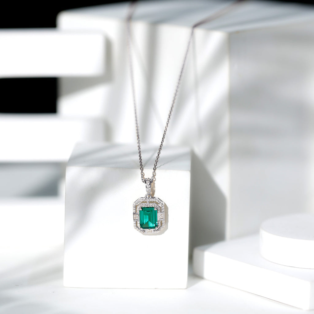 Lab Created Emerald Necklace – Octagon Cut Pendant With Double Halo Moissanite Sparkle
