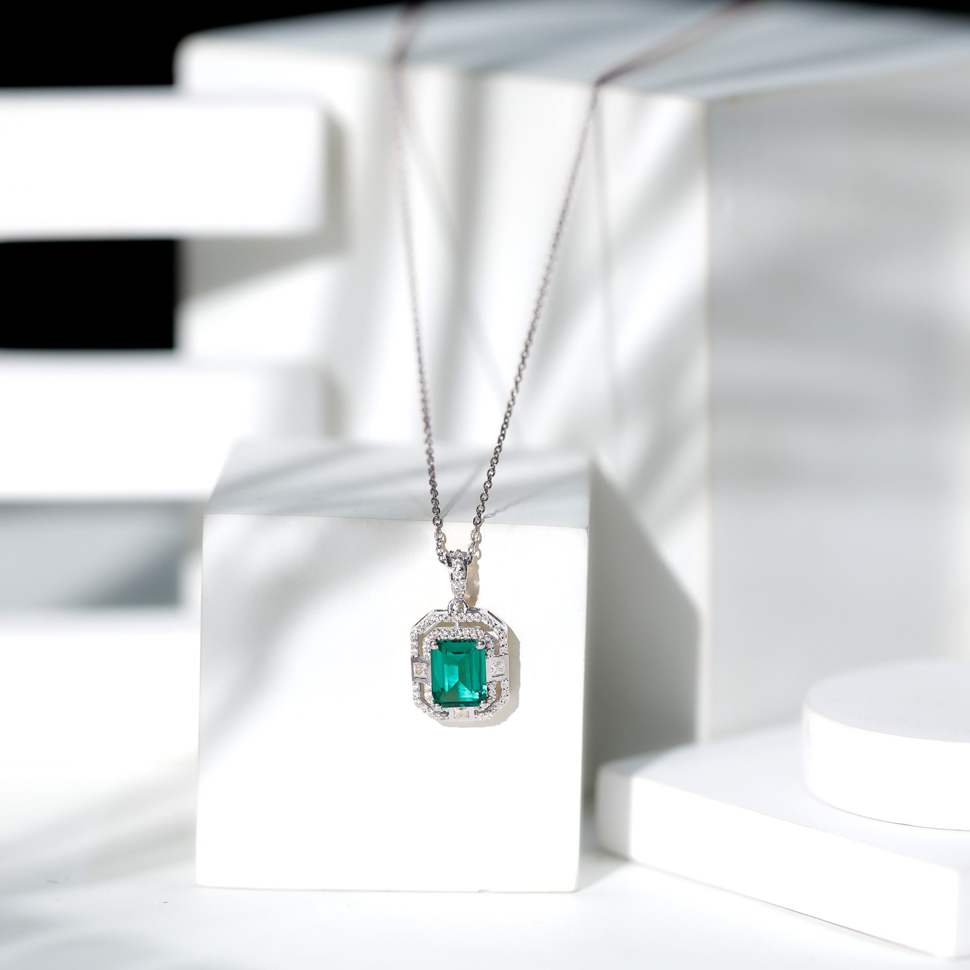 Lab Created Emerald Necklace – Octagon Cut Pendant With Double Halo Moissanite Sparkle