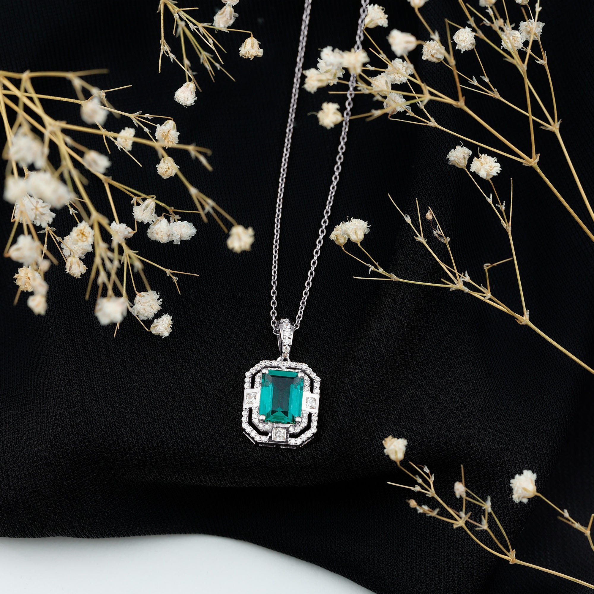 Lab Created Emerald Necklace – Octagon Cut Pendant With Double Halo Moissanite Sparkle